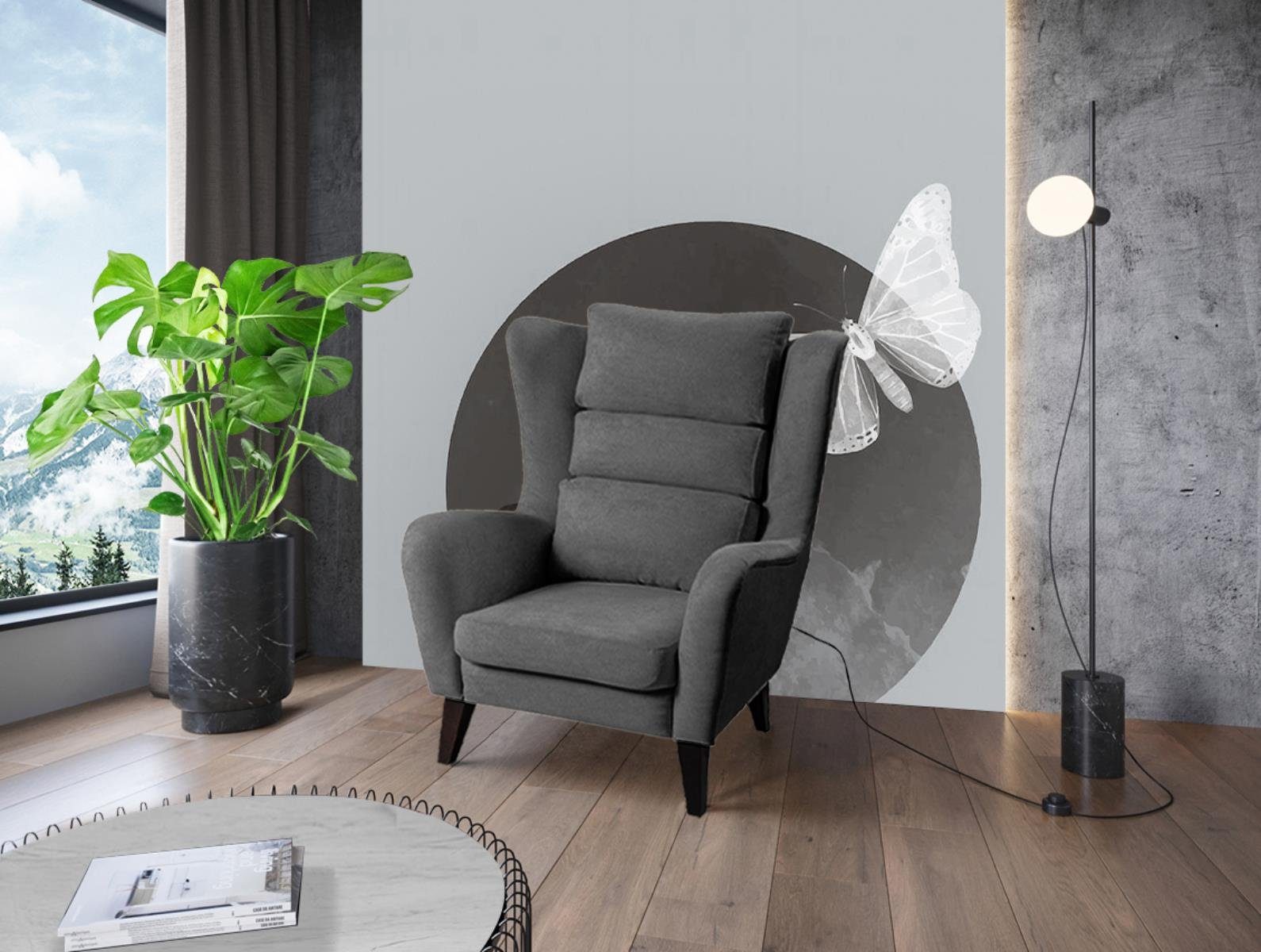 Beautysofa Sessel Atlas (Loungesessel für Wohnzimmer, Relaxsessel aus Velvetstoff), Polstersessel mit Holzbeine (Buche oder Wenge) Dunkelgrau (mono 247)