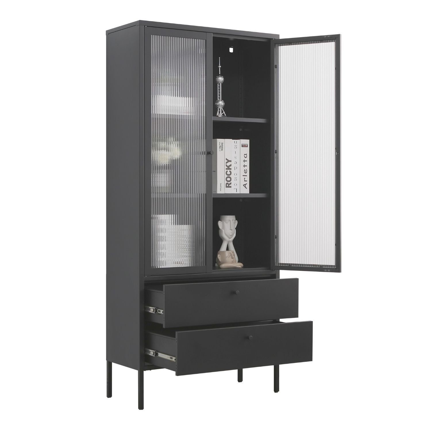 Mein-Regal Standvitrine PARIS Schwarz, Vitrine Metall Glastüren Schubladen günstig online kaufen