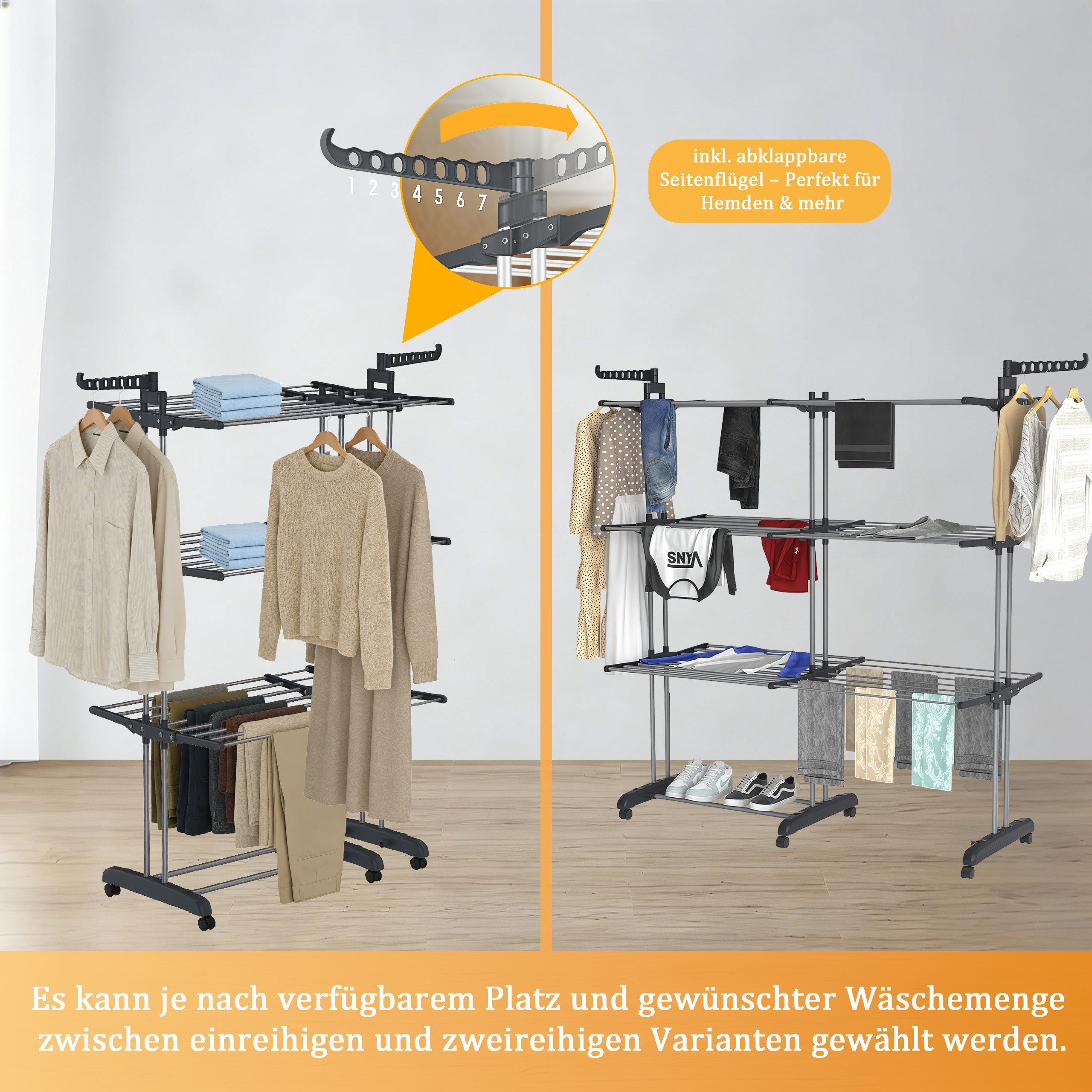 GLIESE Turmwäscheständer Großer zweireihige Stand-Wäscheständer Wäscheständer mit Rollen, zweistufigem 3 Etagen Wäscheständer, Rollen mit Feststellbremse – Bild 4 von 5