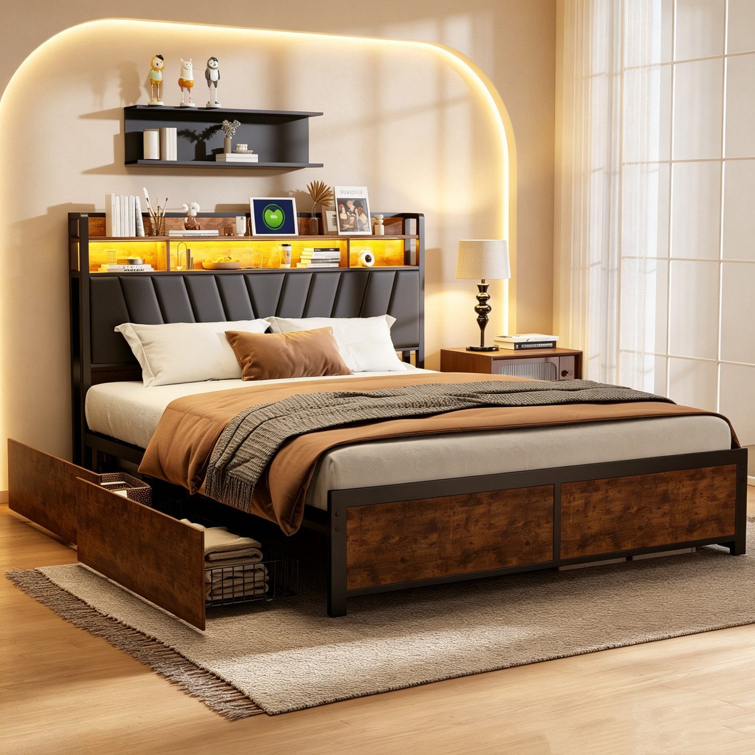 Simurq Bett Polsterbett mit Stauraum, Doppelbett mit LED & USB,Stahl Holz (Stauraumbett mit 4 Schubladen,Doppelbett mit Stauraum Kopfteil), Massivholzbett mit PU-gepolstertem Kopfteil und Lattenrost.140x200cm