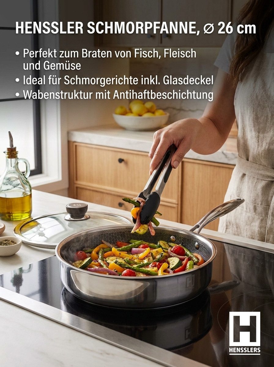 HENSSLERS Schmorpfanne, Edelstahl, 3-Schicht Material, Wabenstruktur und Antihaftbeschichtung, Induktion