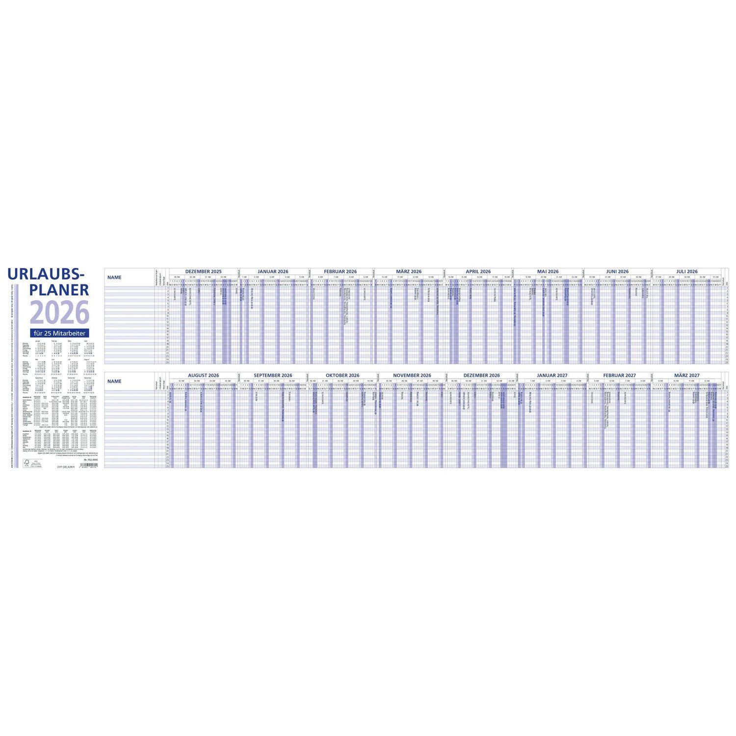 NEUMANN Wandkalender Urlaubsplaner 2026 100x29,7 - 16 Monate- Wandplaner - gefalzt - für...