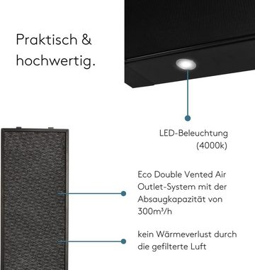 wiggo Flachschirmhaube WE-E632ER Unterbauhaube 60 cm - schwarz, Abluft oder Umluft Dunstabzug 300m³/h mit LED-Beleuchtung