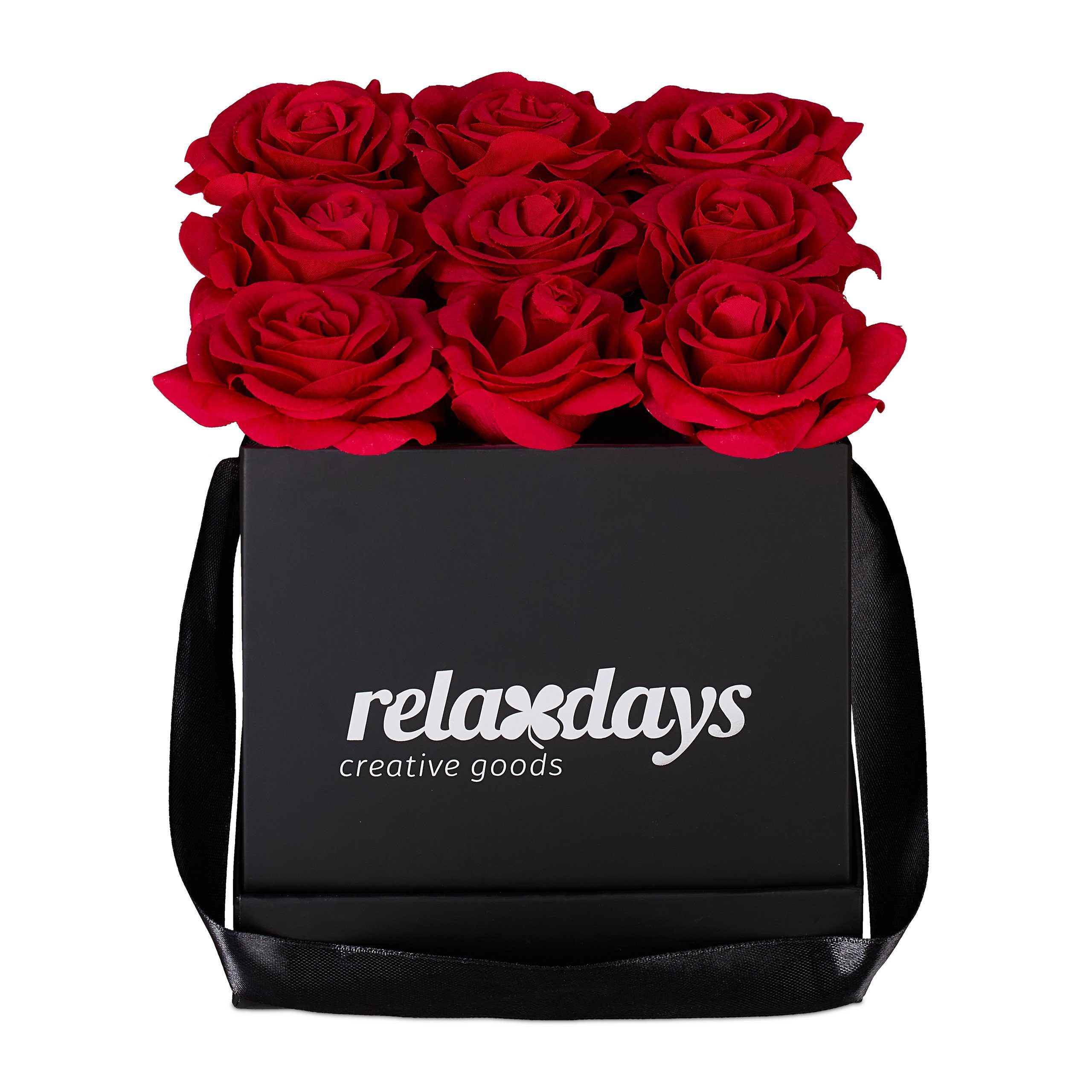 Gestecke Schwarze Rosenbox eckig mit 9 Rosen, relaxdays, Höhe 18 cm, Rot Rot Schwarz