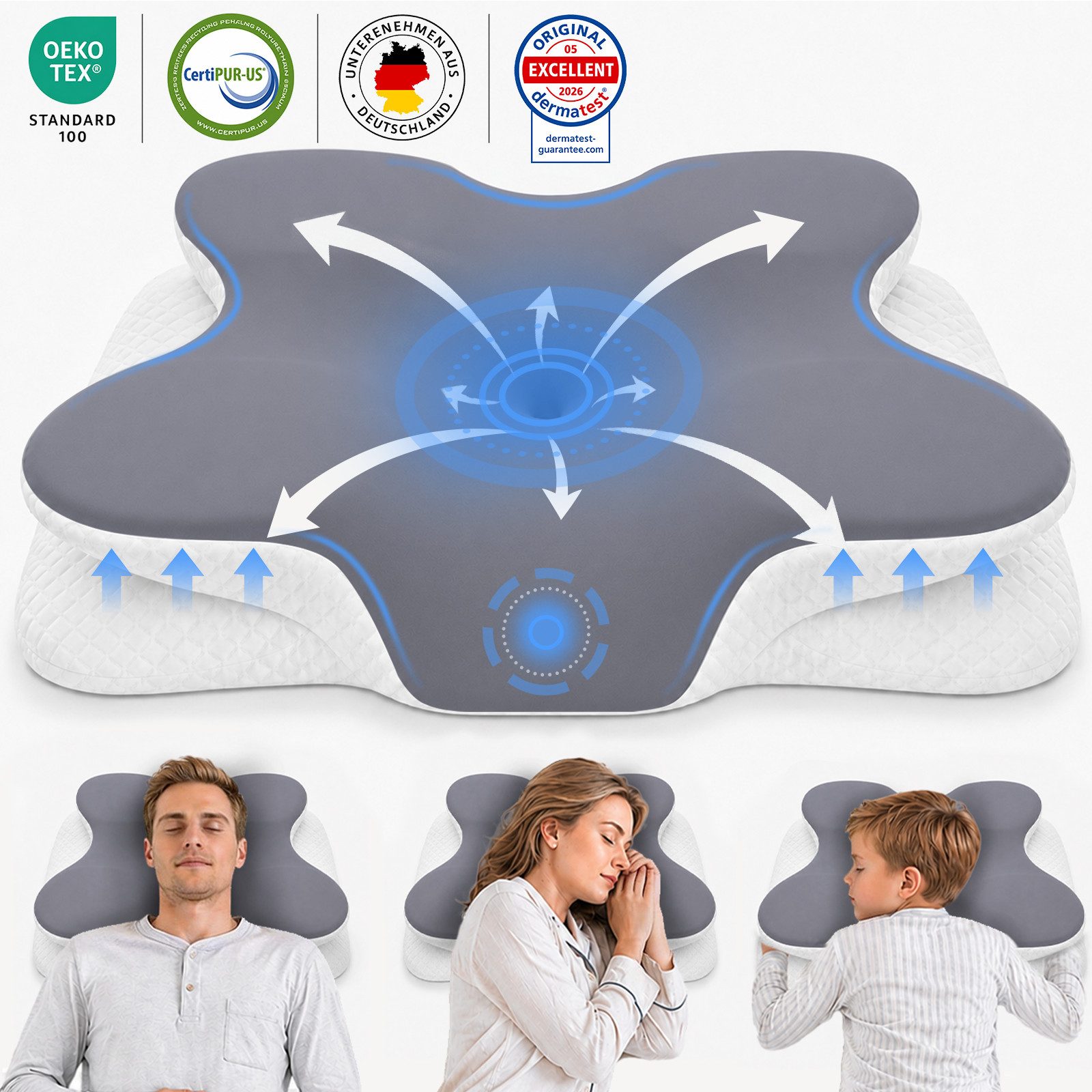 SWGOTA Kopfkissen orthopädisches Nackenstützkissen aus 100% Memory Foam, 62x41x11/13cm,21° Nackenkurve,6 Funktionsbereiche, abnehmbarer Eisseidenbezug mit 3D-Mesh für Seiten/Rücken/Bauchschläfer