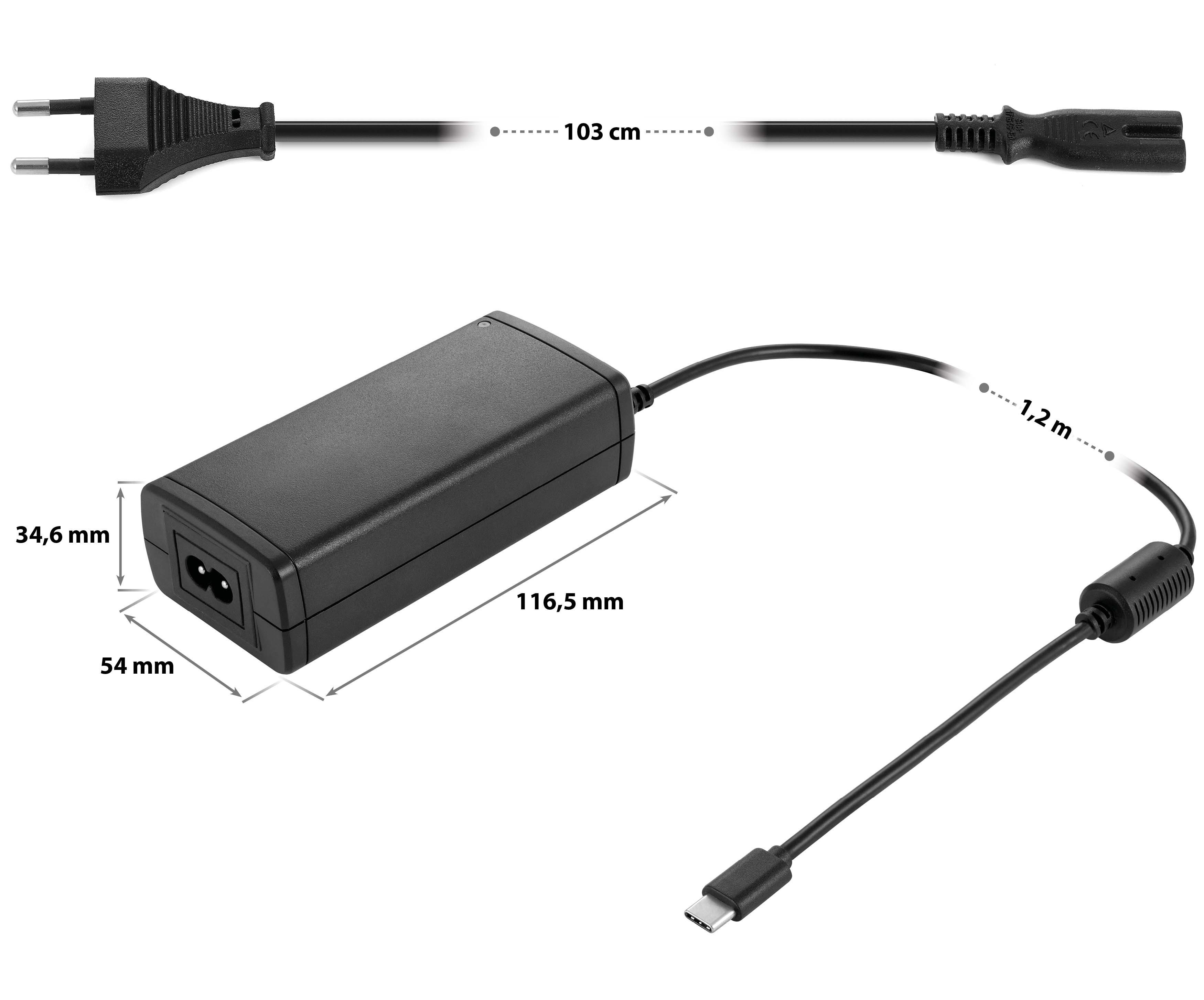 Poppstar Universal USB-C Netzteil 65W für Laptop / Notebook USB-Ladegerät (1-tlg., 5V 9V 12V 15V DC (max. 3A) / 20V DC (max. 3,25A), Laptop Ladegerät 65W mit USB-Typ C Anschluss und Euro-Netzkabel)