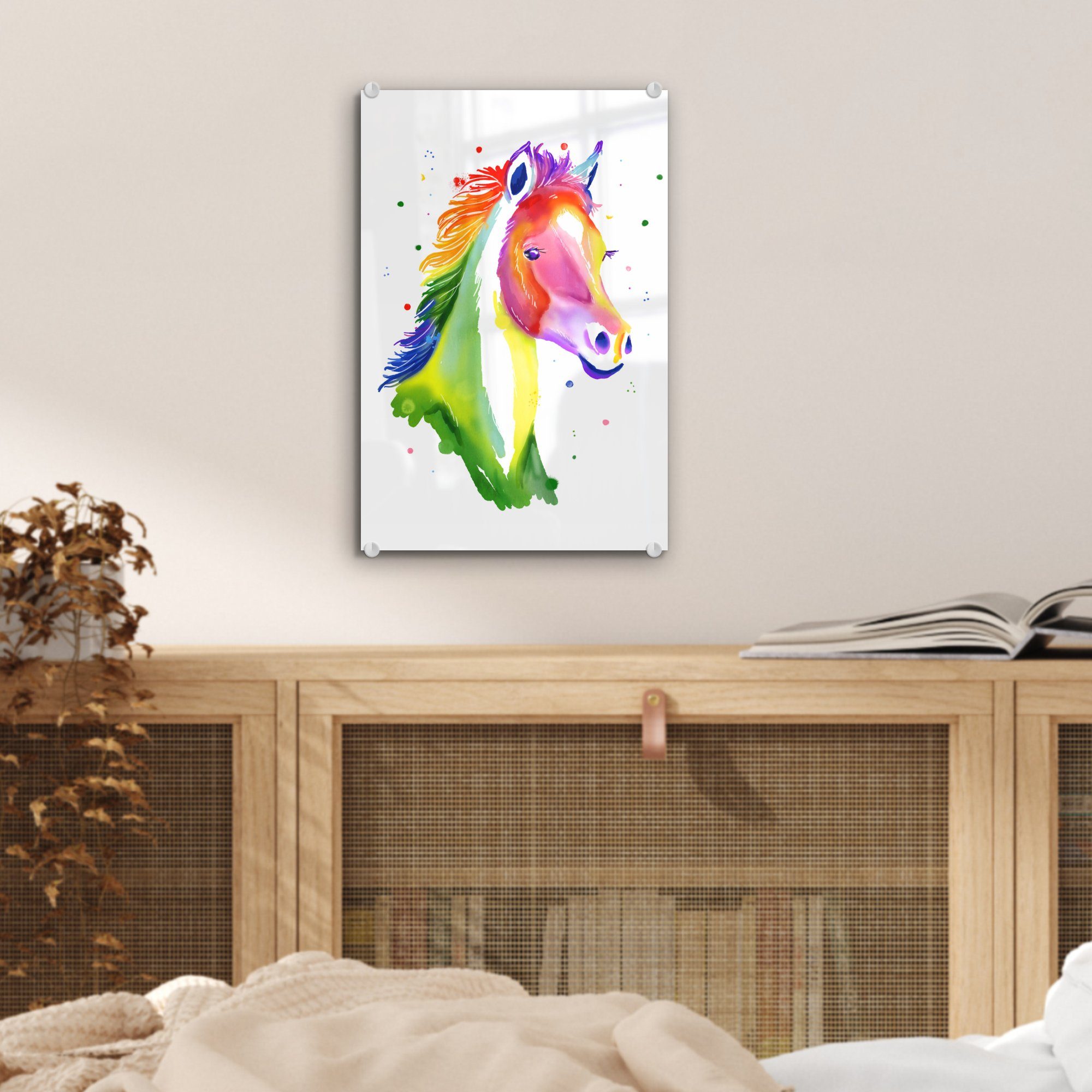 - MuchoWow Pferd - Regenbogen Glas Glasbilder Glas Wanddekoration auf Wandbild Weiß Foto - - Mädchen, auf Bilder - (1 Kinder - Acrylglasbild - Mädchen St), -