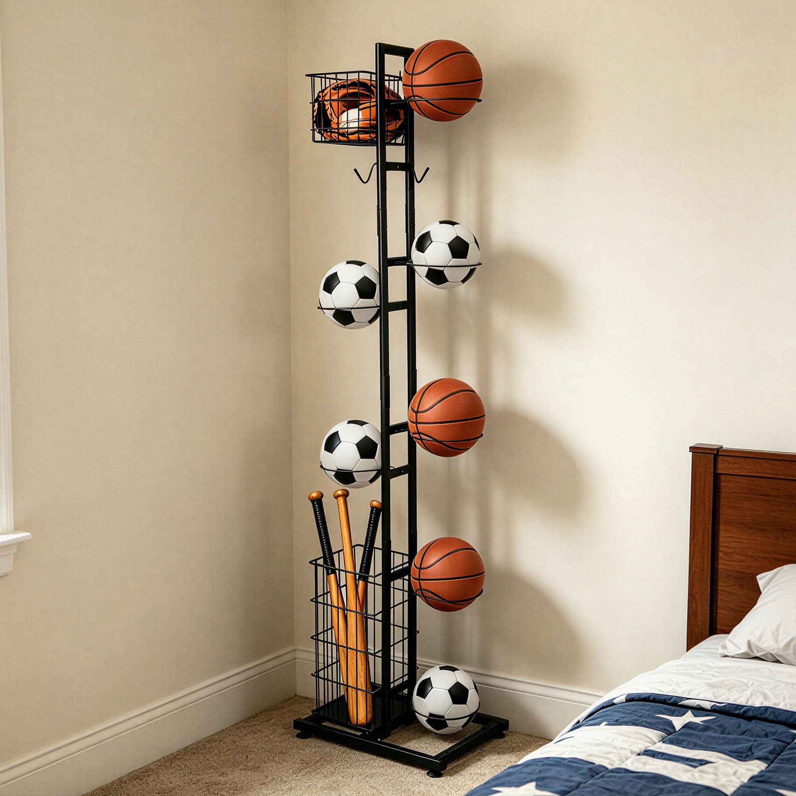 BlingBin Mehrzweckregal Ballständer 155 cm, Sportgerätehalter für 7 Bälle und Schläger, Ballaufbewahrung 1-tlg., Sportgeräte organizer, Basketball Aufbewahrungs – Bild 2 von 5