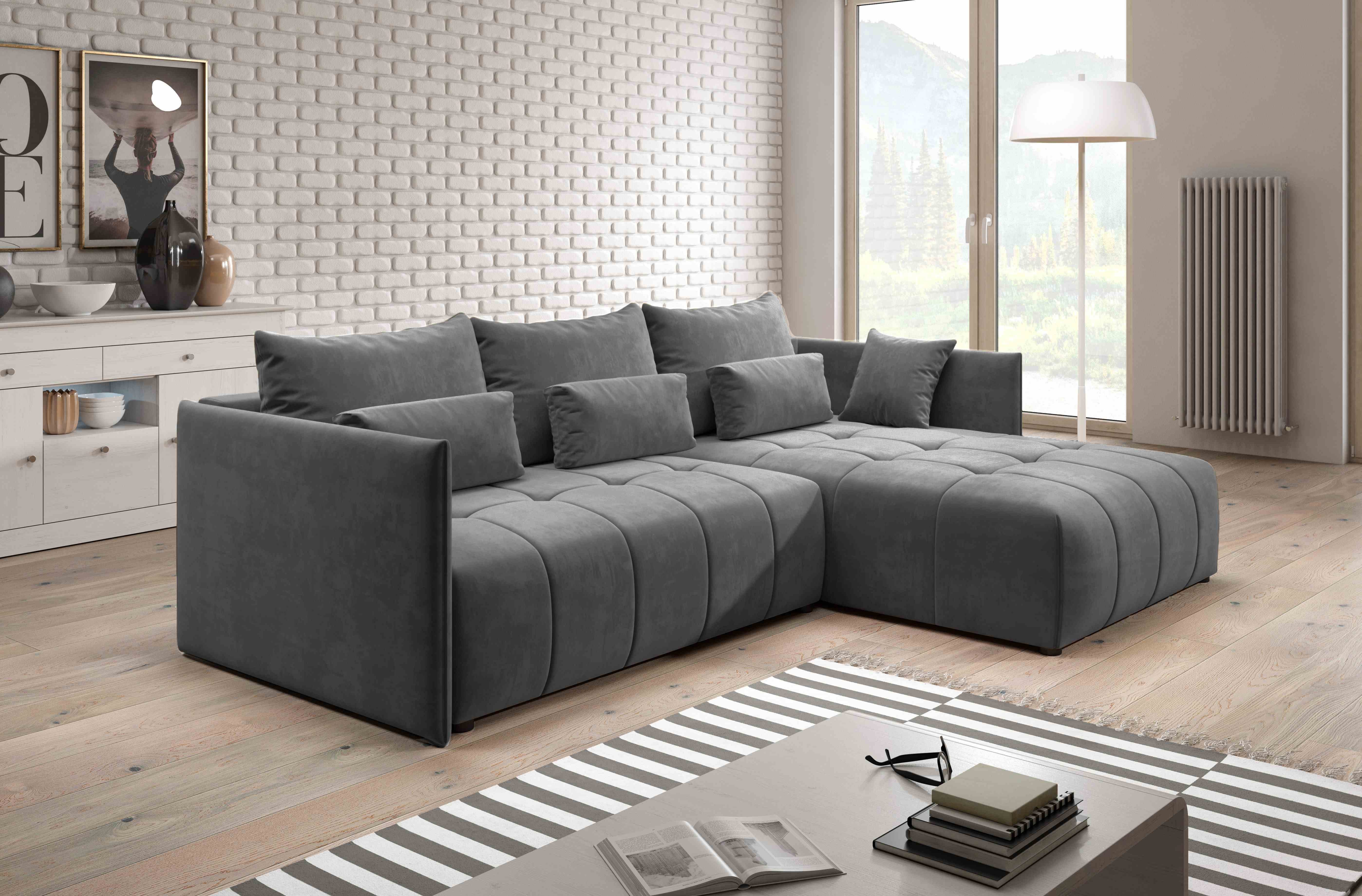 Furnix Ecksofa YALTA Schlafsofa Couch ausziehbar mit Bettkasten und Kissen, Made in Europe Dunkelgrau EN24