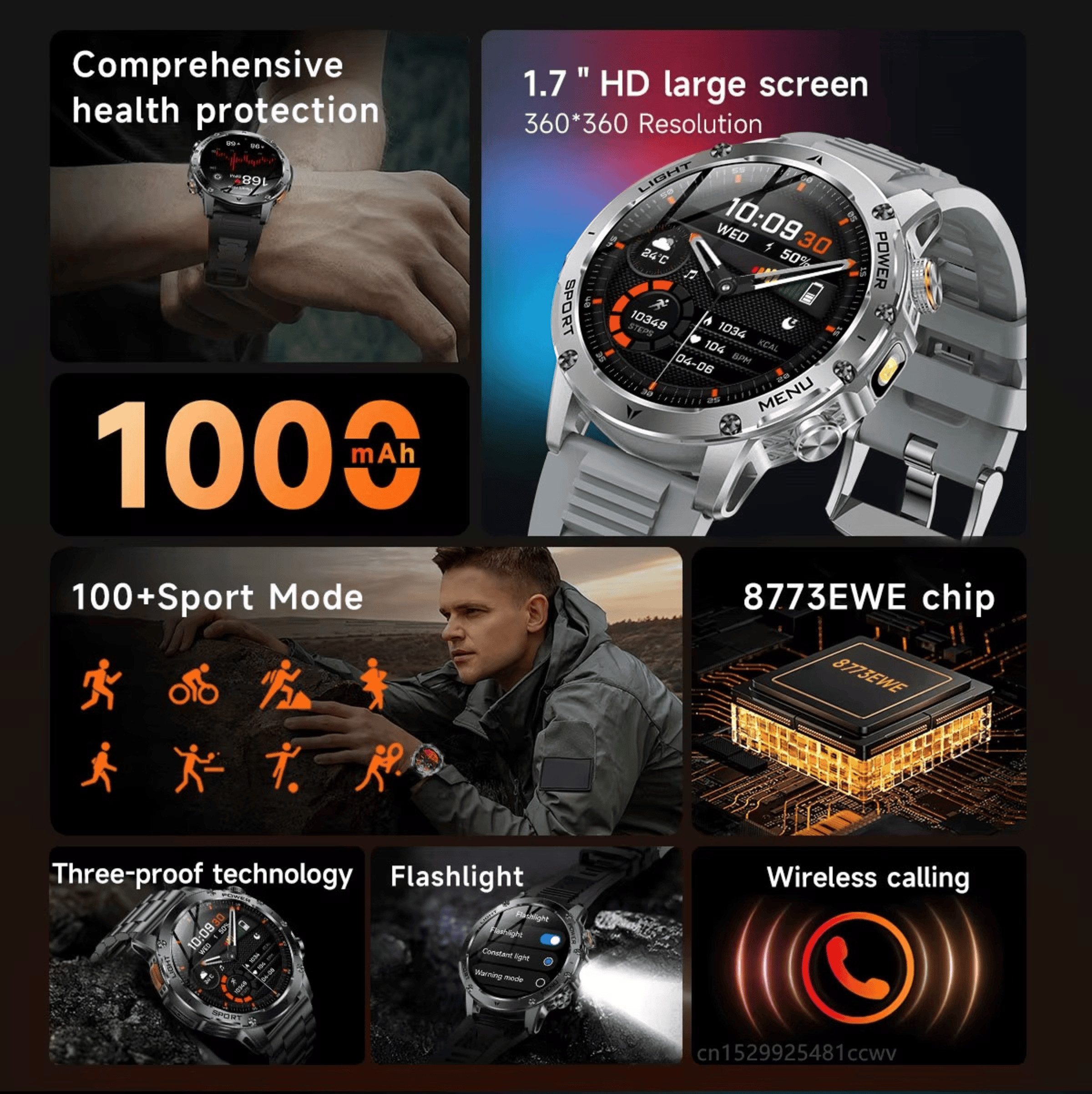 Nagham Ghazal Aswad Smartwatch Männer Bluetooth Anruf Taschenlampe Fitness Tracker 2025 Smartwatch (5cm cm), Taschenlampe integriert, Große 1000 mAh Batterie, Bluetooth-Anrufe