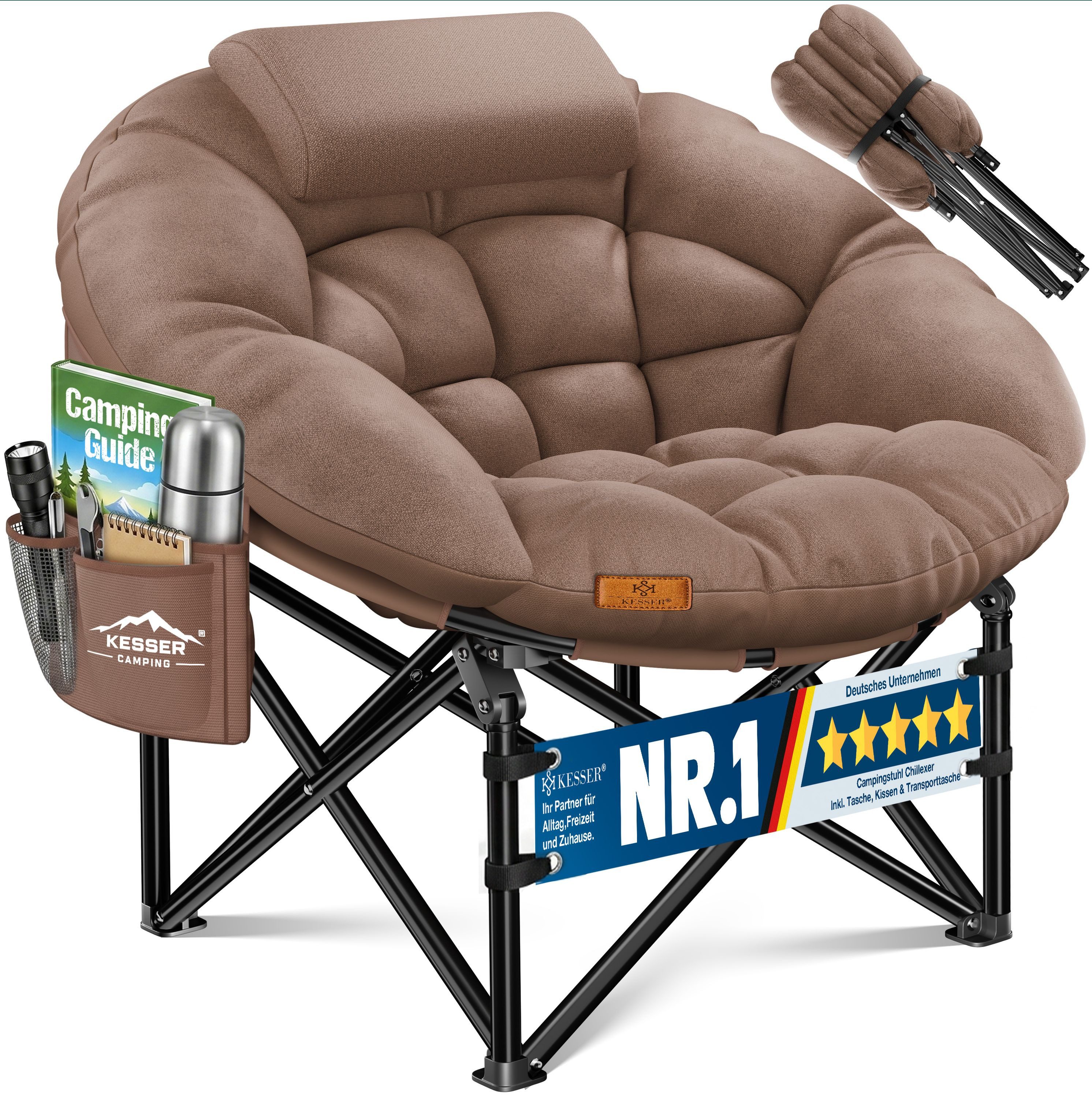 KESSER Campingstuhl XXL faltbar, bis 150 kg, inkl. Kissen, Seitentasche & Cover, Outdoor + Indoor für Camping, Angeln, Festival & Strand