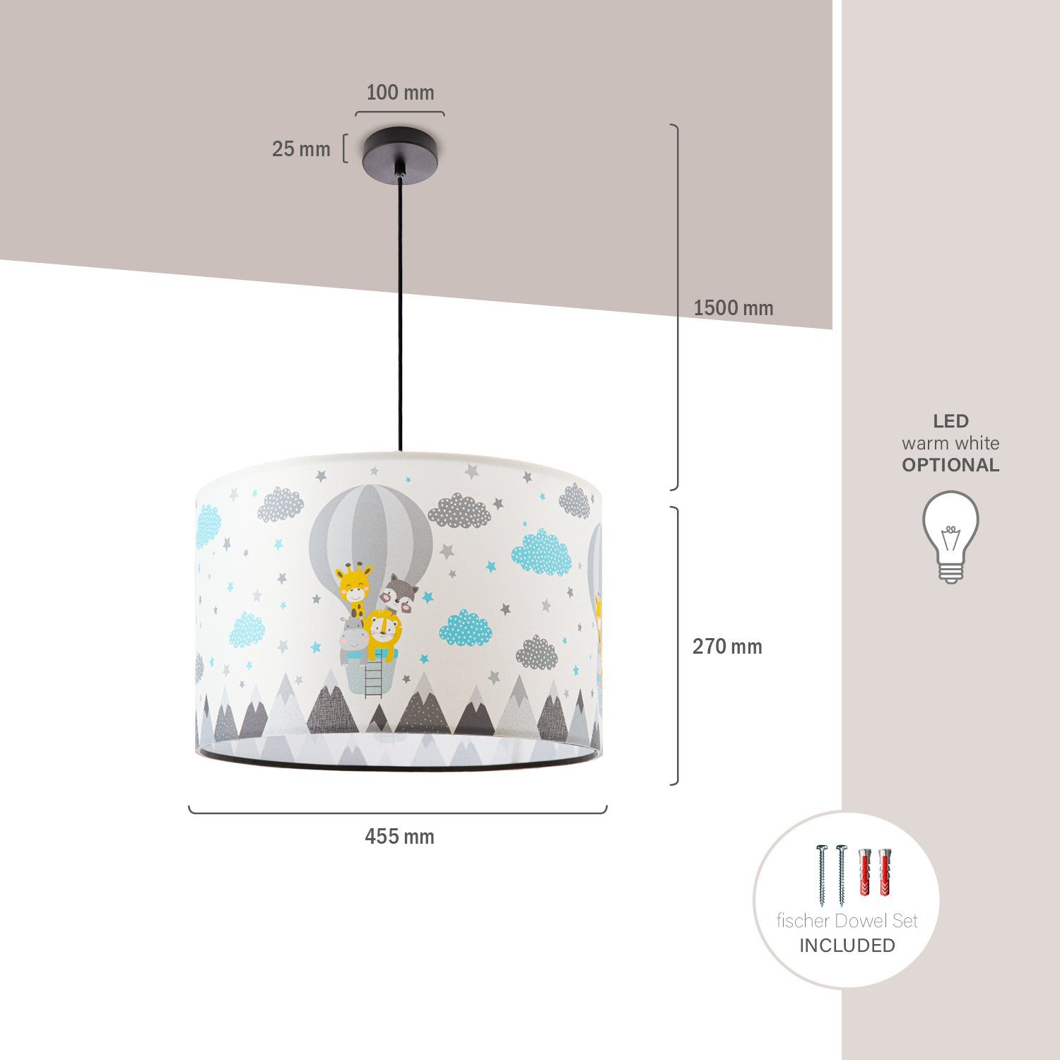 343, Cosmo Paco Leuchtmittel, Kinderzimmer Wolken Heißluftballon Lampe Tiere Deckenlampe ohne Zoo Pendelleuchte E27 Home