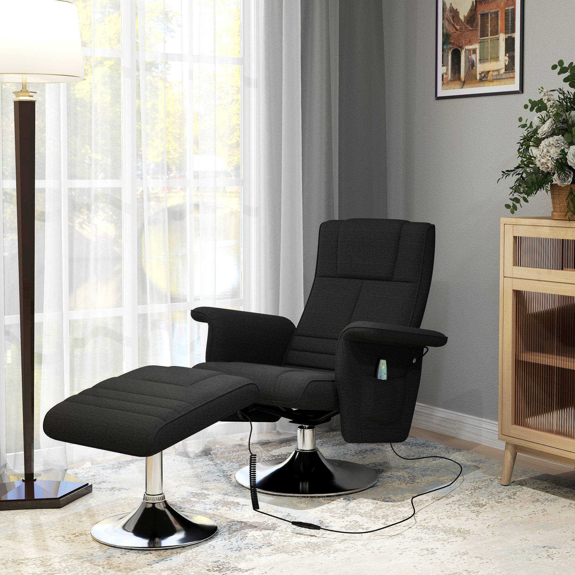 HOMCOM Massagesessel Liegefunktion, mit Seitentasche, Ruhesessel, Leinenstoff (Fernsehsessel, 2-St., Relaxsessel), für Wohnzimmer, Schlafzimmer, Schwarz