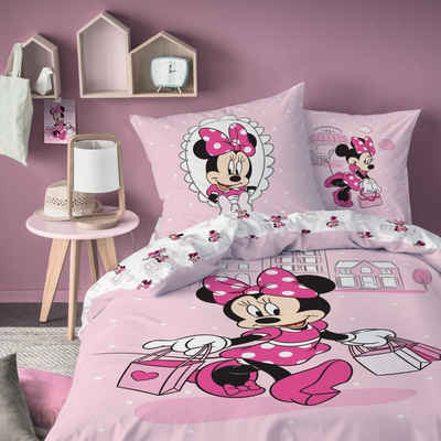 Kinderbettwäsche Minnie Mouse 135x200 + 80x80 cm, 100 % Baumwolle, MTOnlinehandel, Biber, 2 teilig, süße Disney Minnie Maus Постільна білизна in rosa, pink & weiß