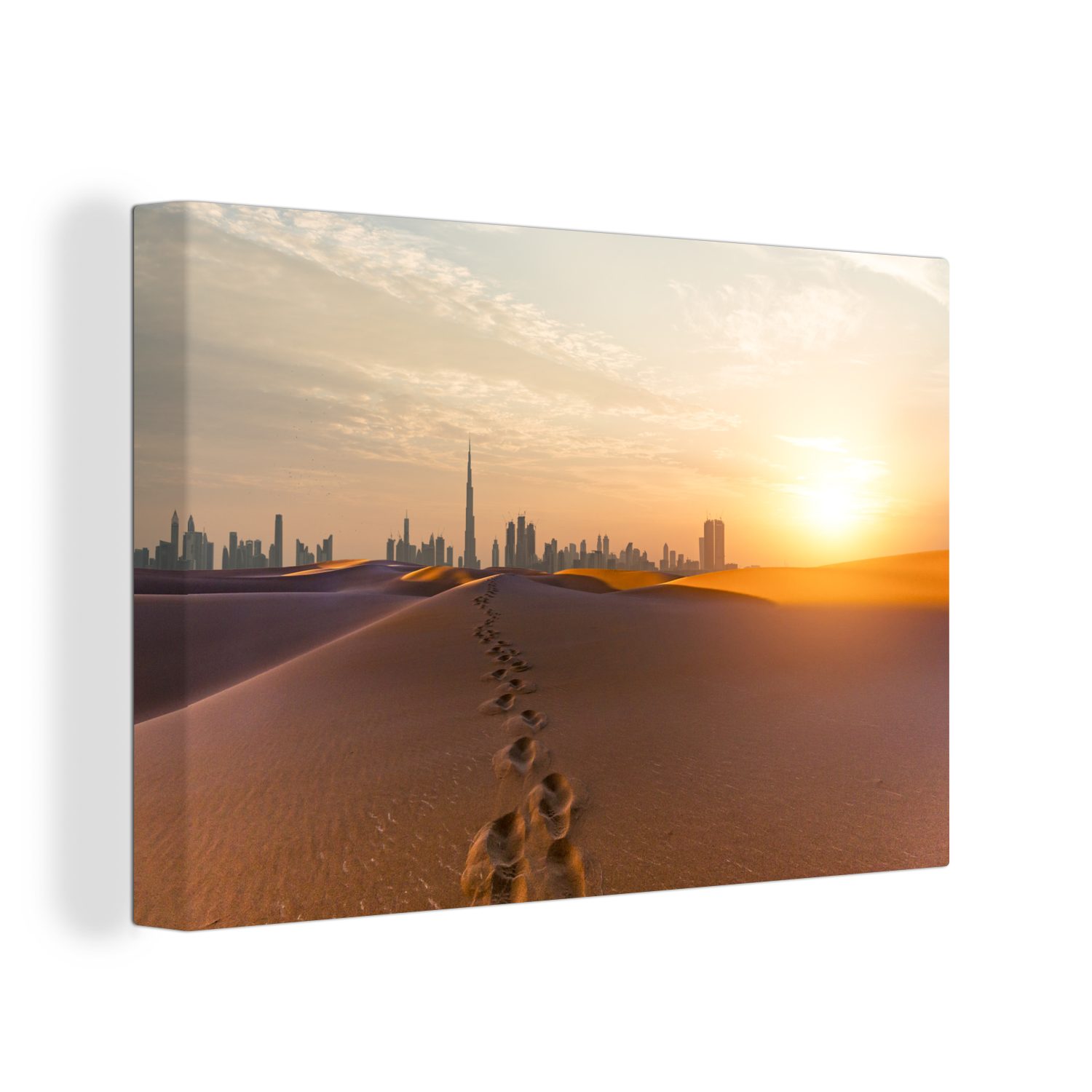 OneMillionCanvasses® Leinwandbild Fußspuren in der Wüste mit dem Burj Khalifa im Hintergrund, (1 St), Wandbild Leinwandbilder, Aufhängefertig, Wanddeko, 30x20 cm