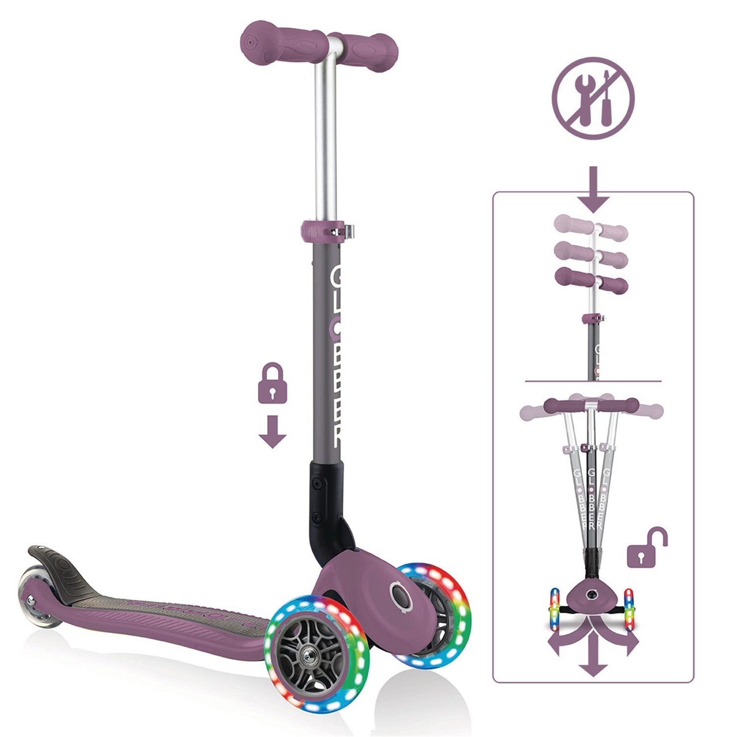 authentic sports & toys Dreiradscooter 432-303-MYT GLOBBER PRIMO FOLDABLE LIGHTS plum, mit