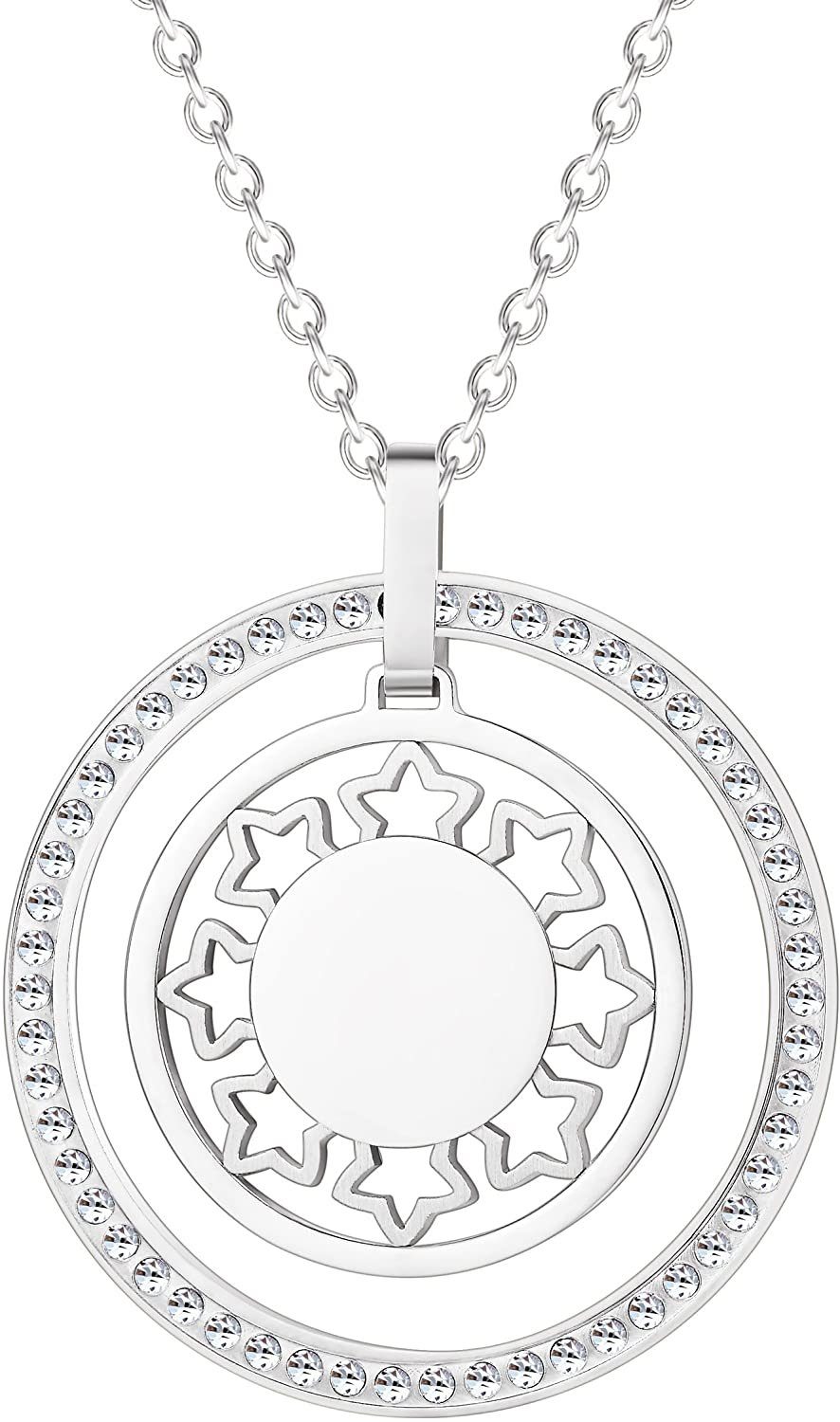 Karisma Kette mit Anhänger Karisma Damen Edelstahl Anhängerkette Collier 2 Kreise Sterne zirkonia, 80cm Lang CQD106 - Silber