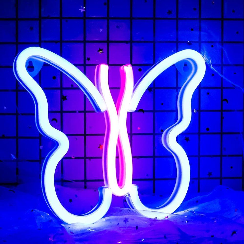 Rosnek LED Dekolicht Schmetterling/Kirsche/Herz, für Schlafzimmer Weihnachten, Kinderzimmer Deko, Batterie/ USB Blau+Rosa