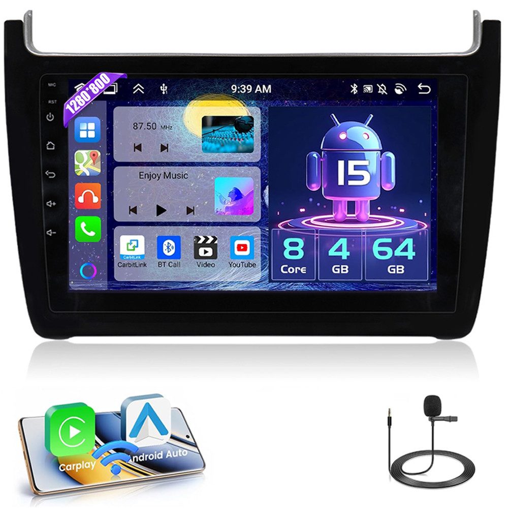 A-Sure 9" 4+64G Android 15 Autoradio Navi Carplay Für VW Polo 6R 6C 2009-2017 Autoradio (DAB+ (optional), 8-Core 4+64G, FM, AM, RDS)