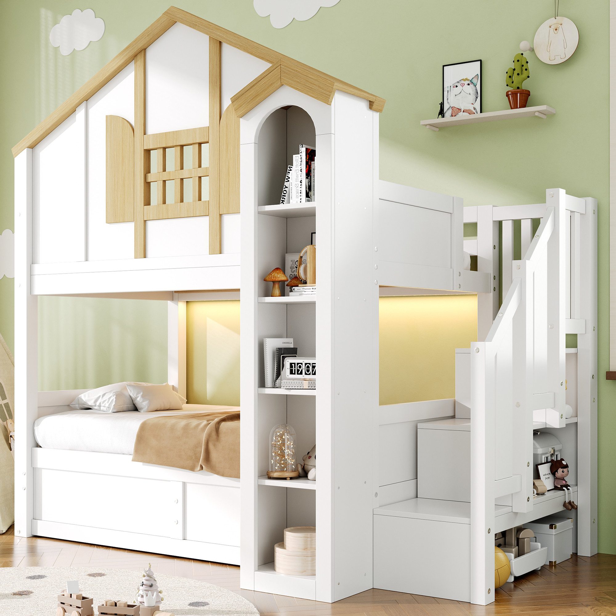 Celya Etagenbett Hochbett aus Massivholz, Kinderbett mit hydraulischem Unterbett (ohne Matratze, mit LED und Stauraumtreppe, Burgförmige), Ideal für Jugendzimmer, Kinderzimmer