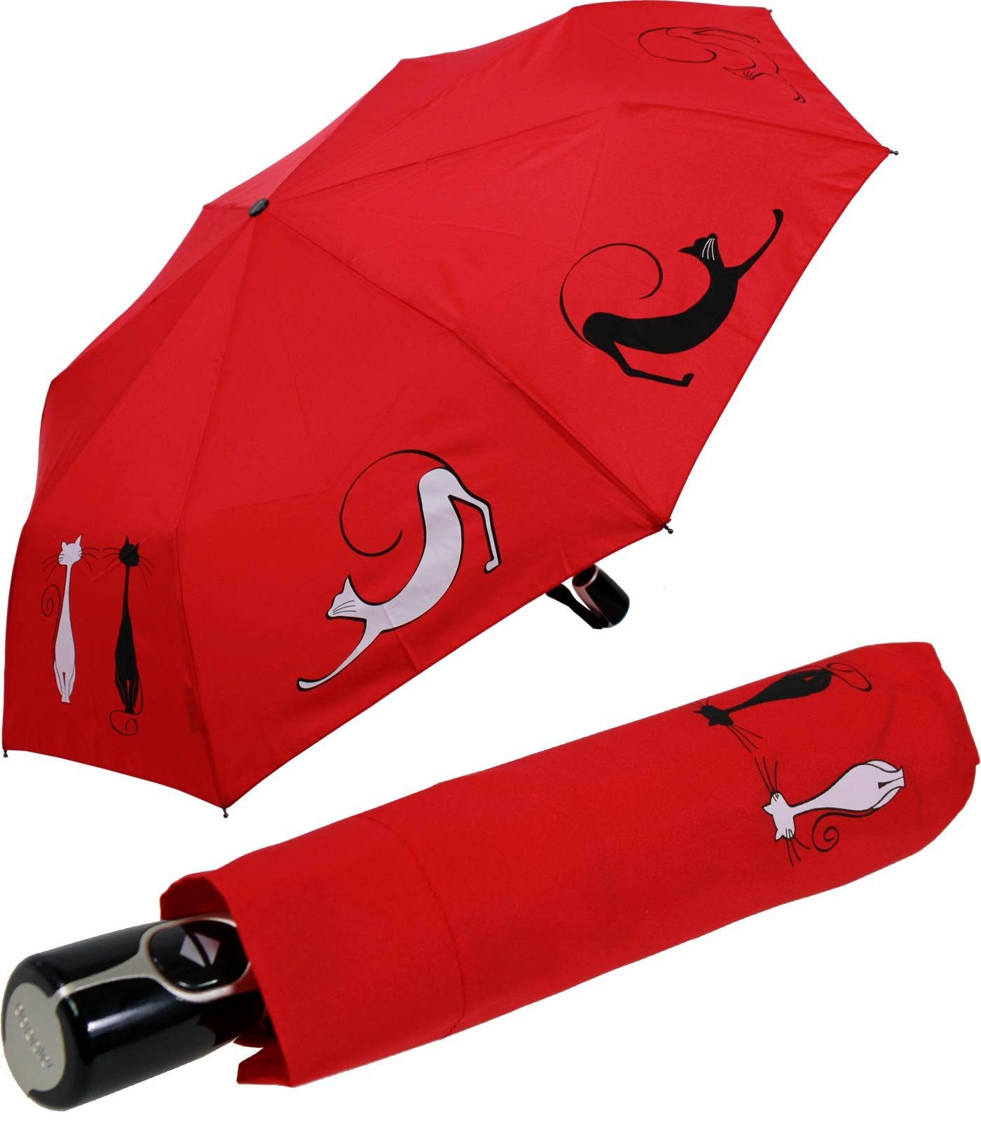 doppler® Taschenregenschirm Damen Auf-Zu Magic für Best Fiber Friends, und Cats - praktisch rot - elegant, Katzen-Liebhaber stabil