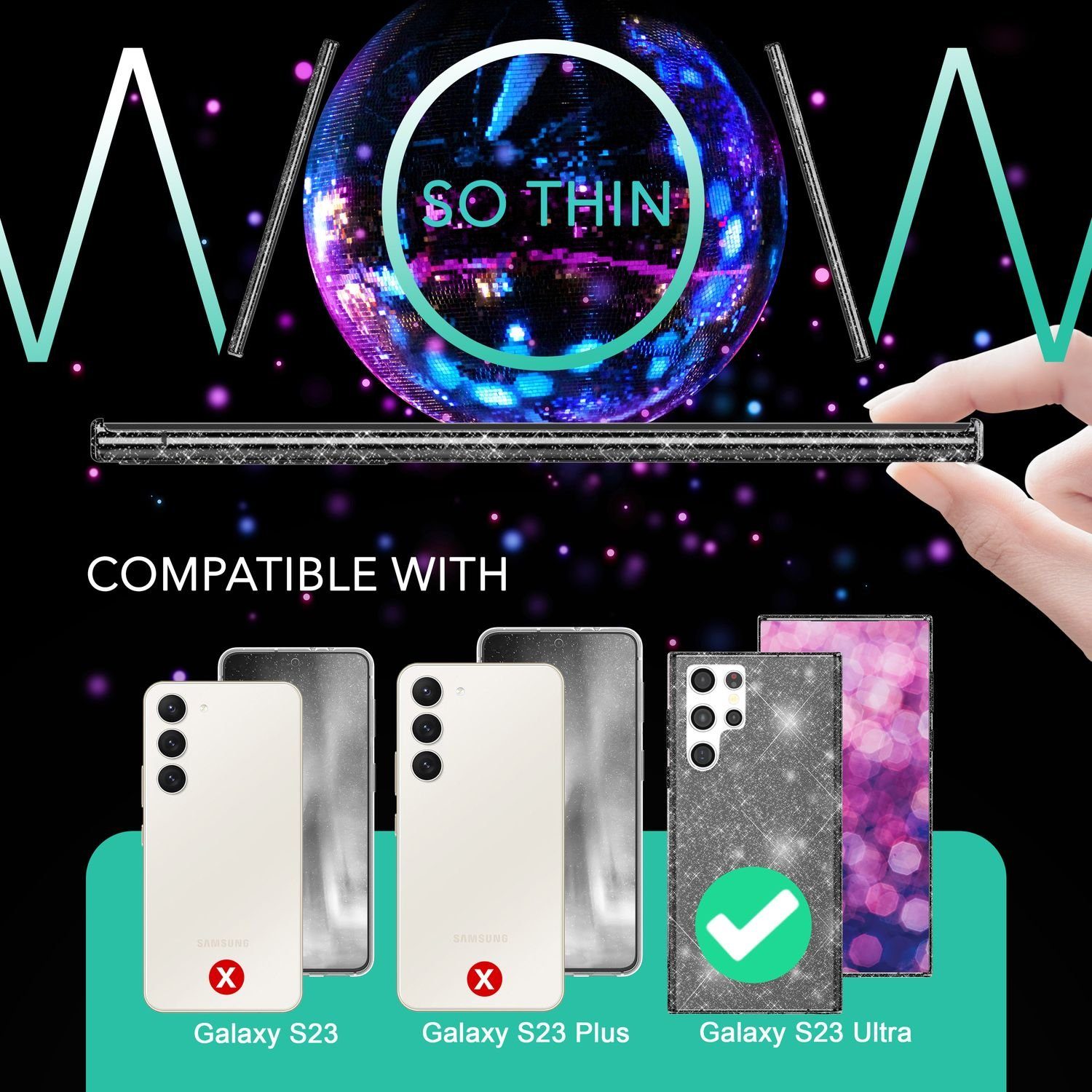 Nalia Smartphone-Hülle Samsung Galaxy S23 Ultra 17,3 cm (6,8 Zoll), Klare Glitzer Silikon Hülle / 2x Displayschutz / Glitter Bling Cover – Bild 4 von 5