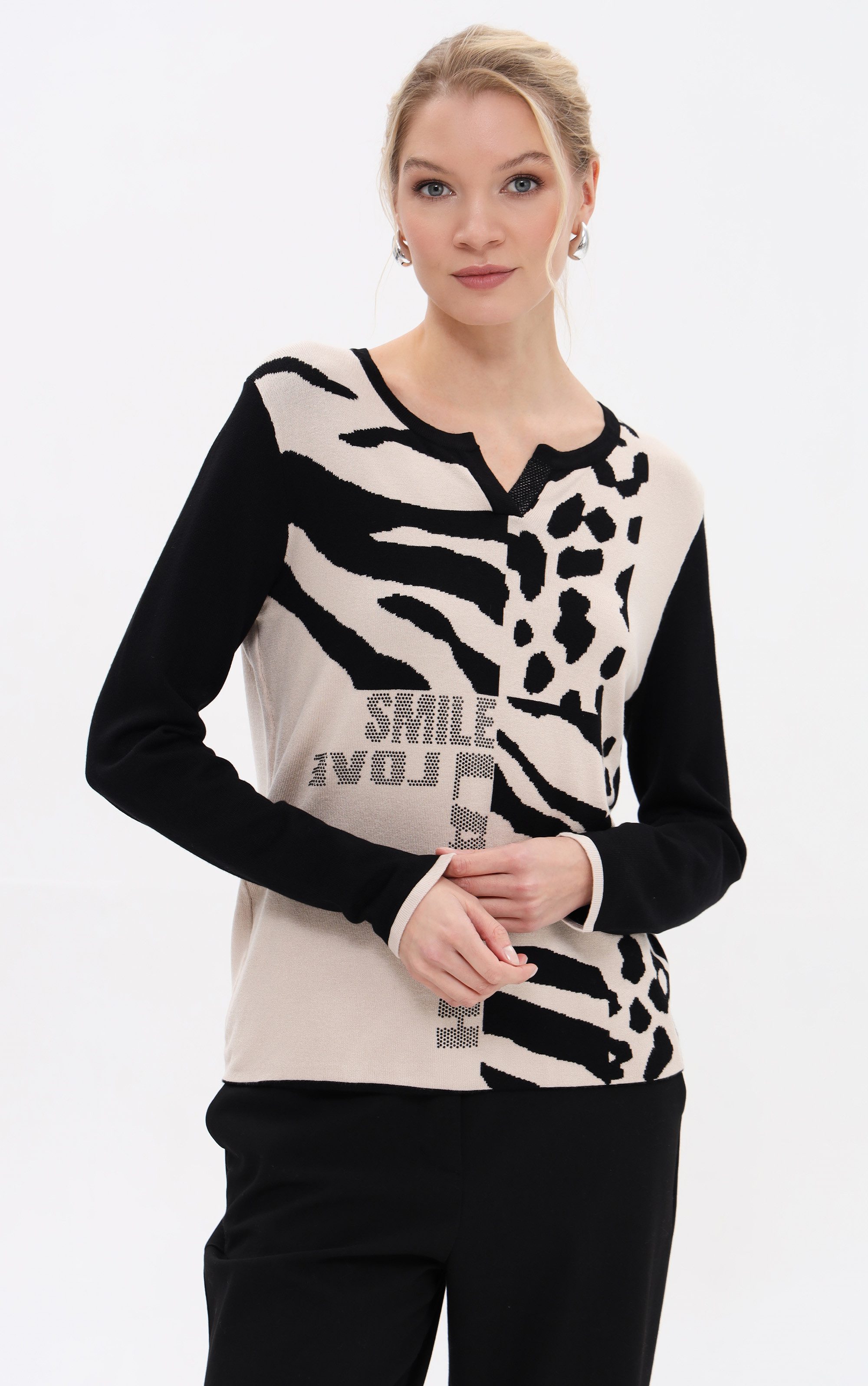 Passioni Strickpullover mit Animalprint-Mix