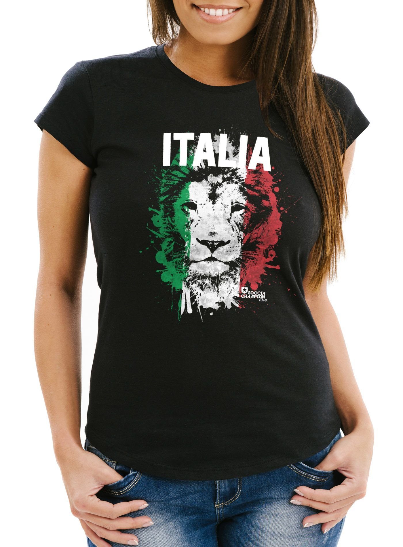 MoonWorks Print-Shirt Damen T-Shirt Fanshirt Italien Löwe Flagge Fußball EM WM Italy mit Print