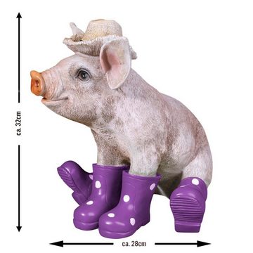 colourliving Tierfigur Deko Schwein Erich mit Hut und Stiefel in lila Schweine Figuren Garten, handbemalt, wetterfest, lebensecht wirkend