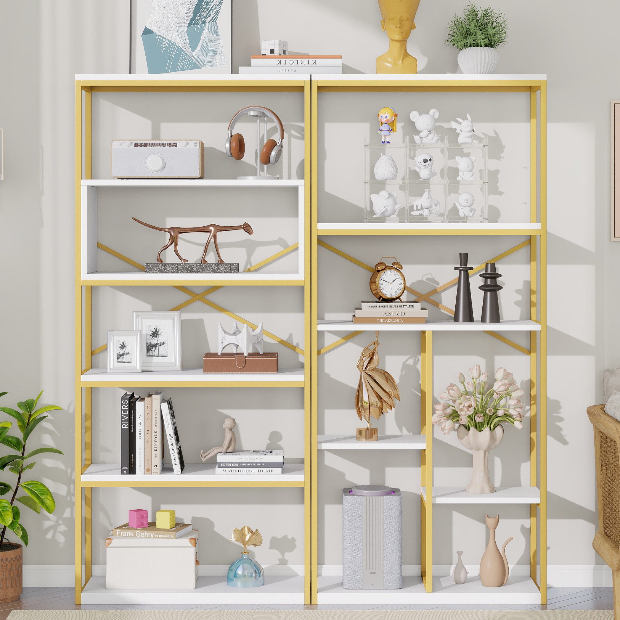 BlingBin Bücherregal Metallregal Wandregal, 5 Schichten Stauraum, einfach zu montieren und zu reinigen, stabile rechteckige Struktur 1-tlg., 160 x 29.5 x 180 cm, Stahlrohr-MDF-Material, Gold + Weiß