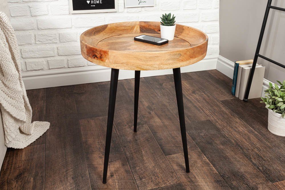 riess-ambiente Beistelltisch PURE NATURE natur schwarz, Massivholz · natur · | natur Mangoholz 45cm Retro Nachttisch · Metall-Beine · 