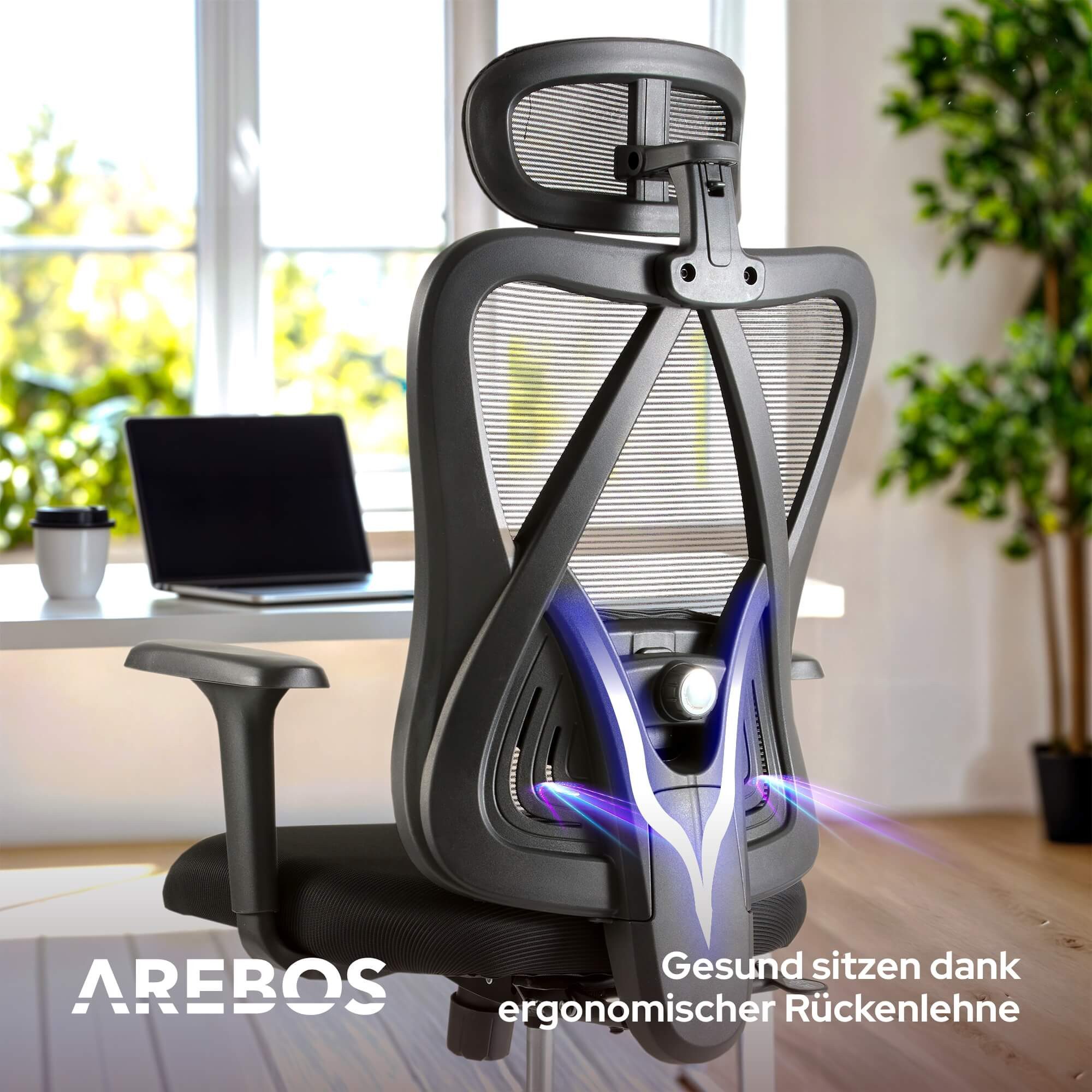 Arebos Bürostuhl Ergonomischer Schreibtischstuhl Wippfunktion Rückenschonend Premium, Mit 3-stufiger Liegeverriegelung (90–125) – Bild 4 von 5