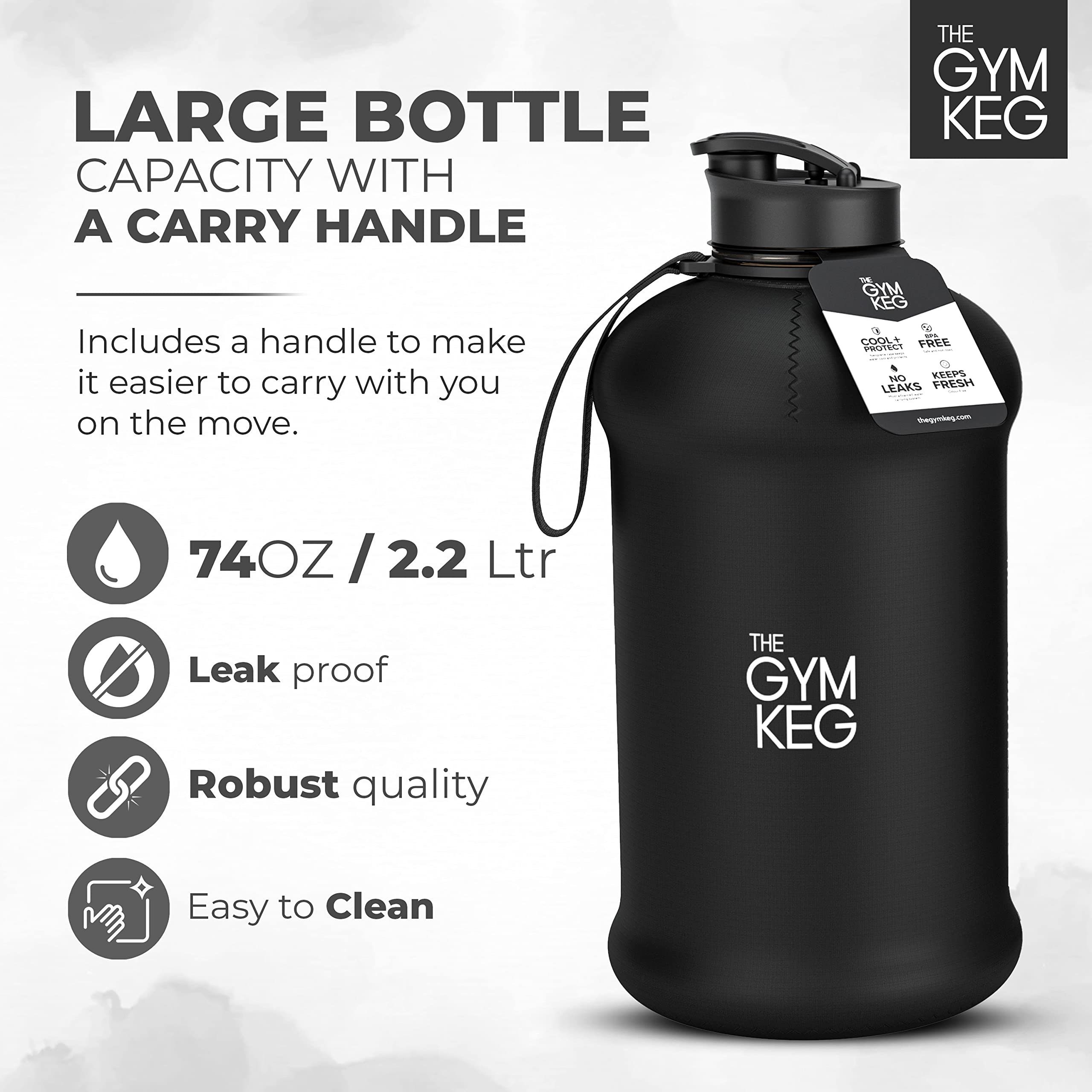 The Gym Keg Trinkflasche Neoprene Black 2.2L Sleeve mit Polyethylenterephthalat Wiederverwendbar, Liter Trinkflasche und Griff, Gym 2.2 Stealth