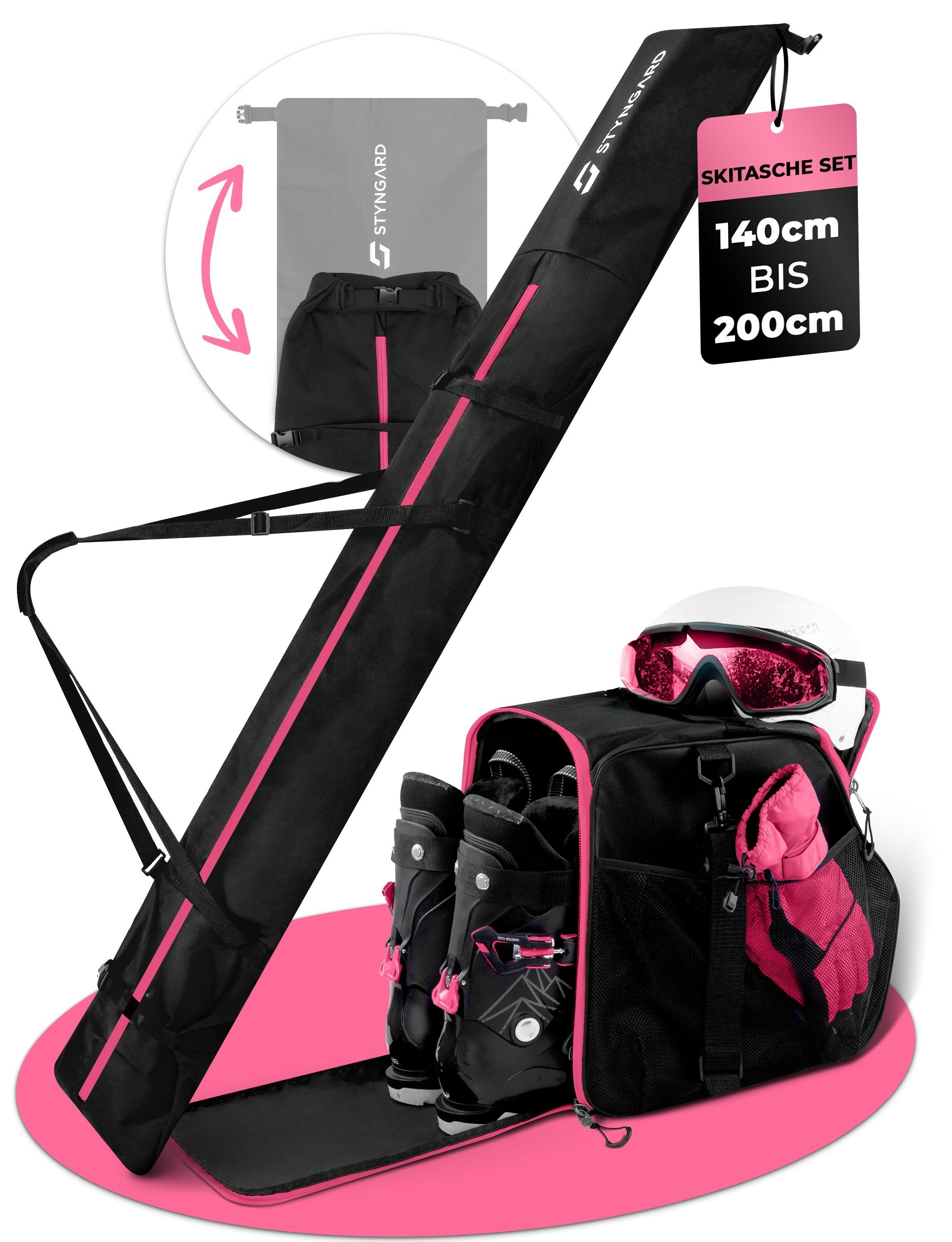 Styngard Skitasche Vancouver (Set Skisack cm] L) Schwarz-Pink und cm 200 mit Skischuhtasche [40 Helmfach bis [140