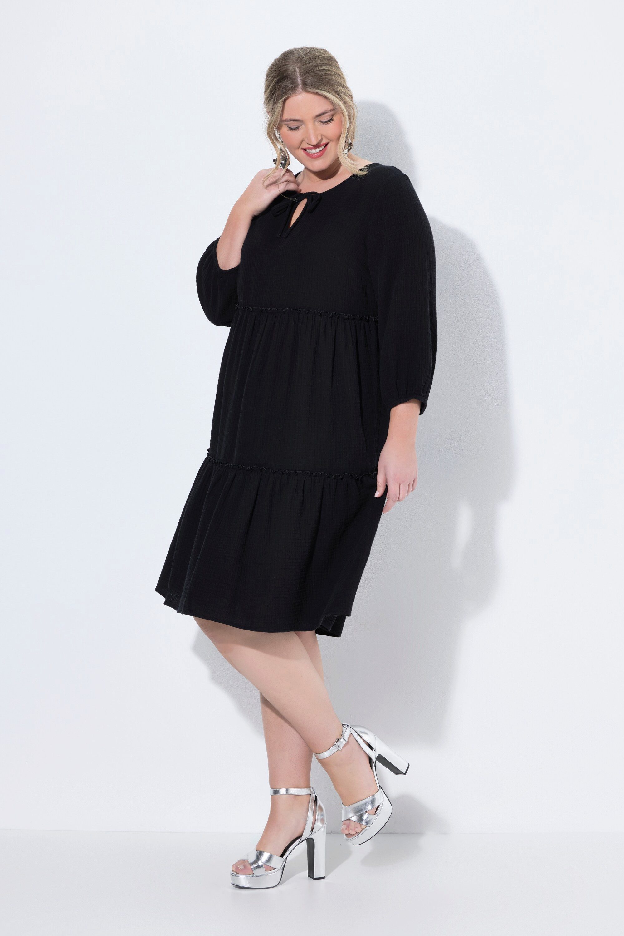 MIAMODA Jerseykleid Musselinkleid A-Linie Querrüschen 3/4-Ballonärmel