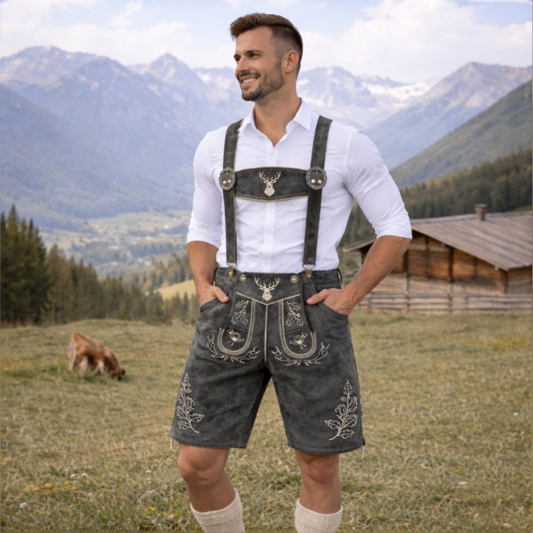 PAULGOS Trachtenhose Herren Lederhose Kurz mit Trägern 100% Echtleder - HK5