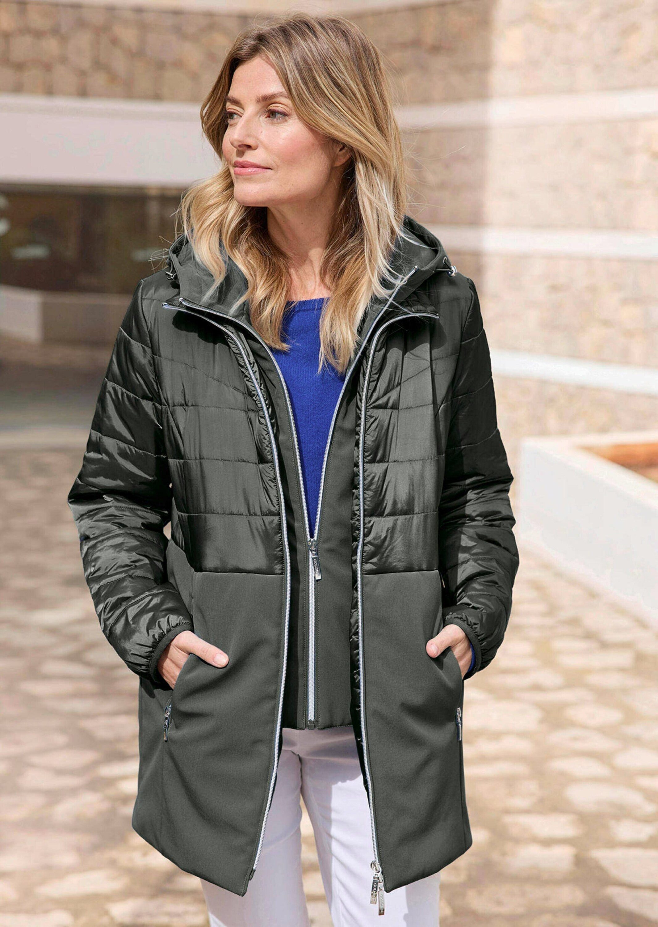GOLDNER Kurzmantel Kurzgröße: Wintermantel mit Softshell-Einsatz Kapuzenjacke mit 2-Wege-Reißverschluss, Taschen und Langarm