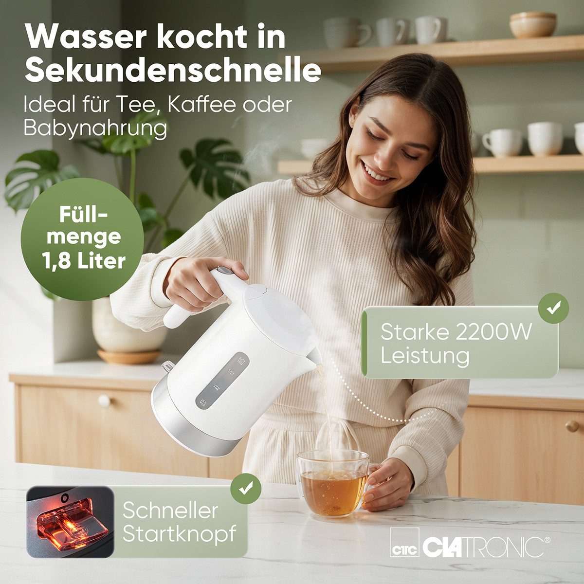 CLATRONIC Wasserkocher WK 3840, Wasserkocher 1,8L, 2200W, BPA frei