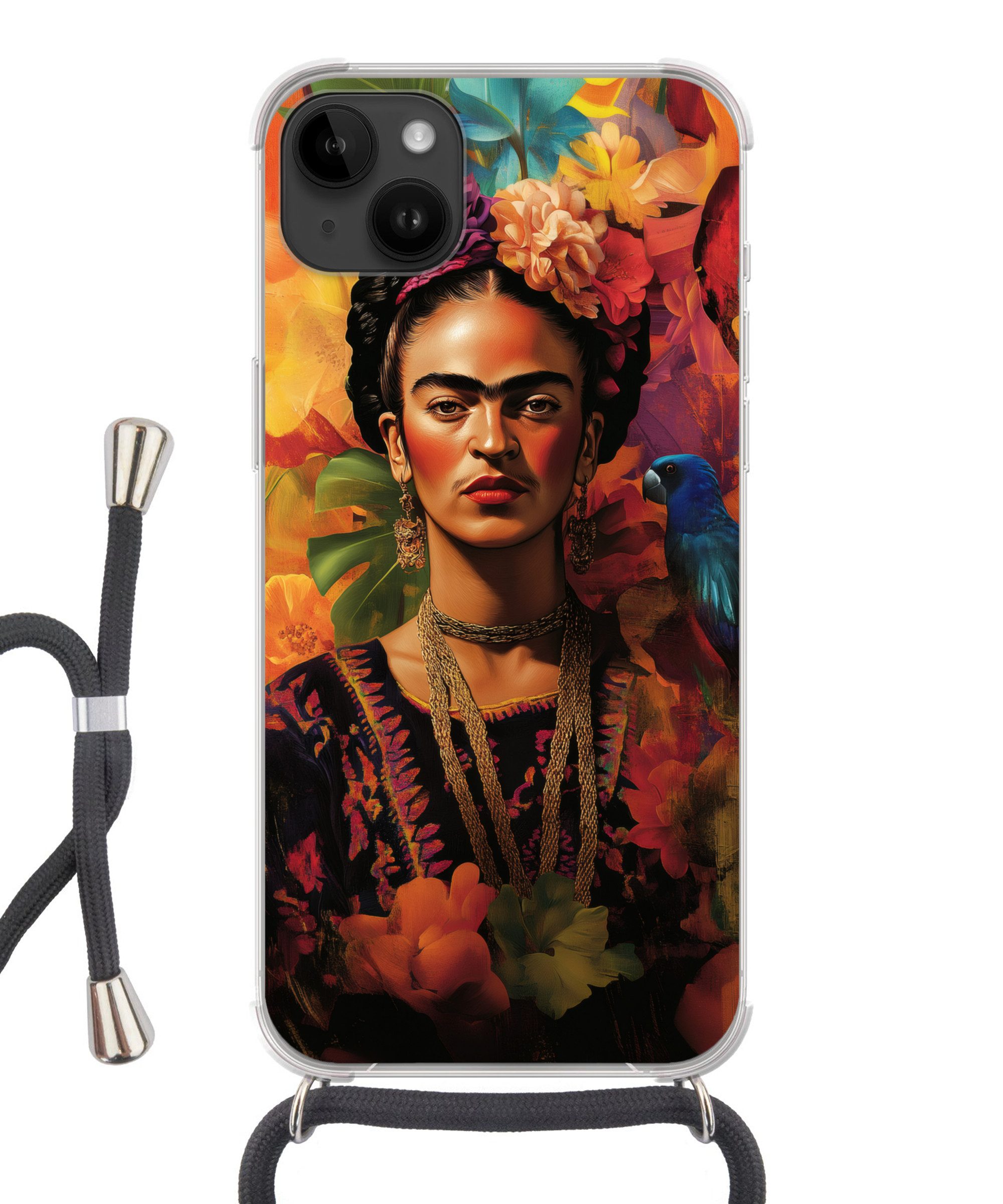 MuchoWow Handyhülle für Apple iPhone 14 Max Frau - Blumen - Papagei - Malerisch, Tragbare Handyhüllen mit Kette zum umhängen, Handykette Handyband