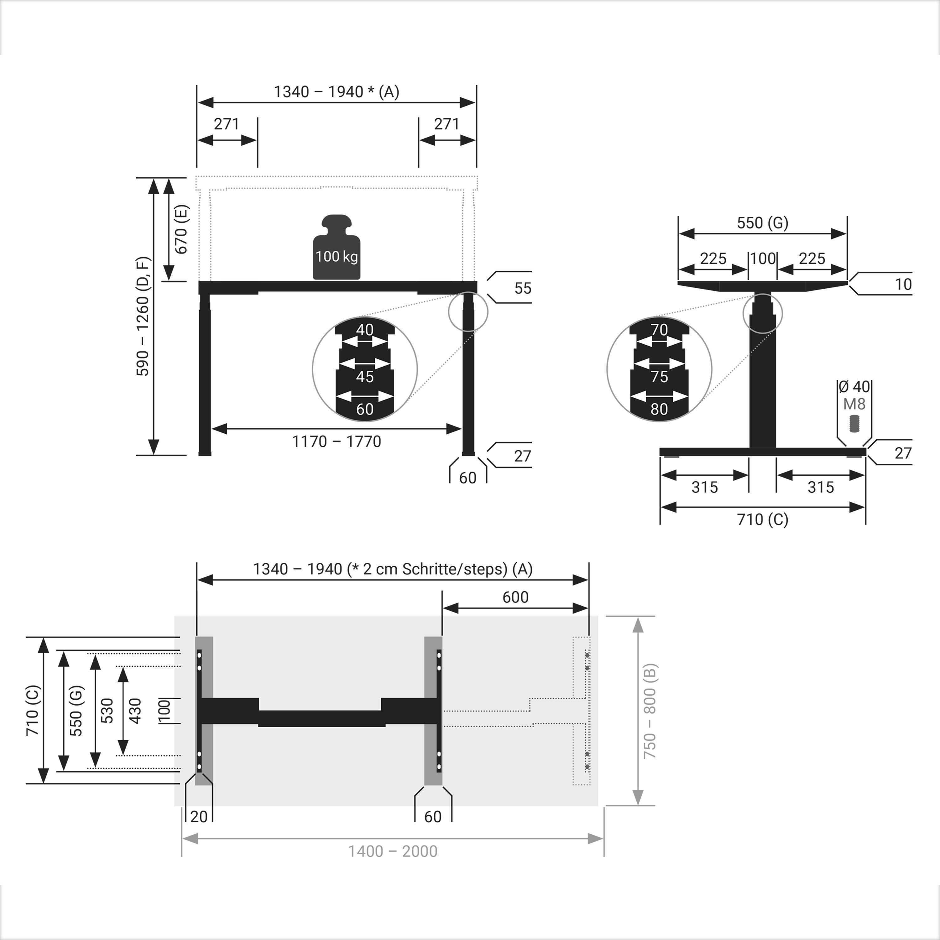 elektrisch Schwarz Schwarz 80 Schreibtisch x Tischplatte boho höhenverstellbar office® | Easydesk, Weiß cm Weiß 140