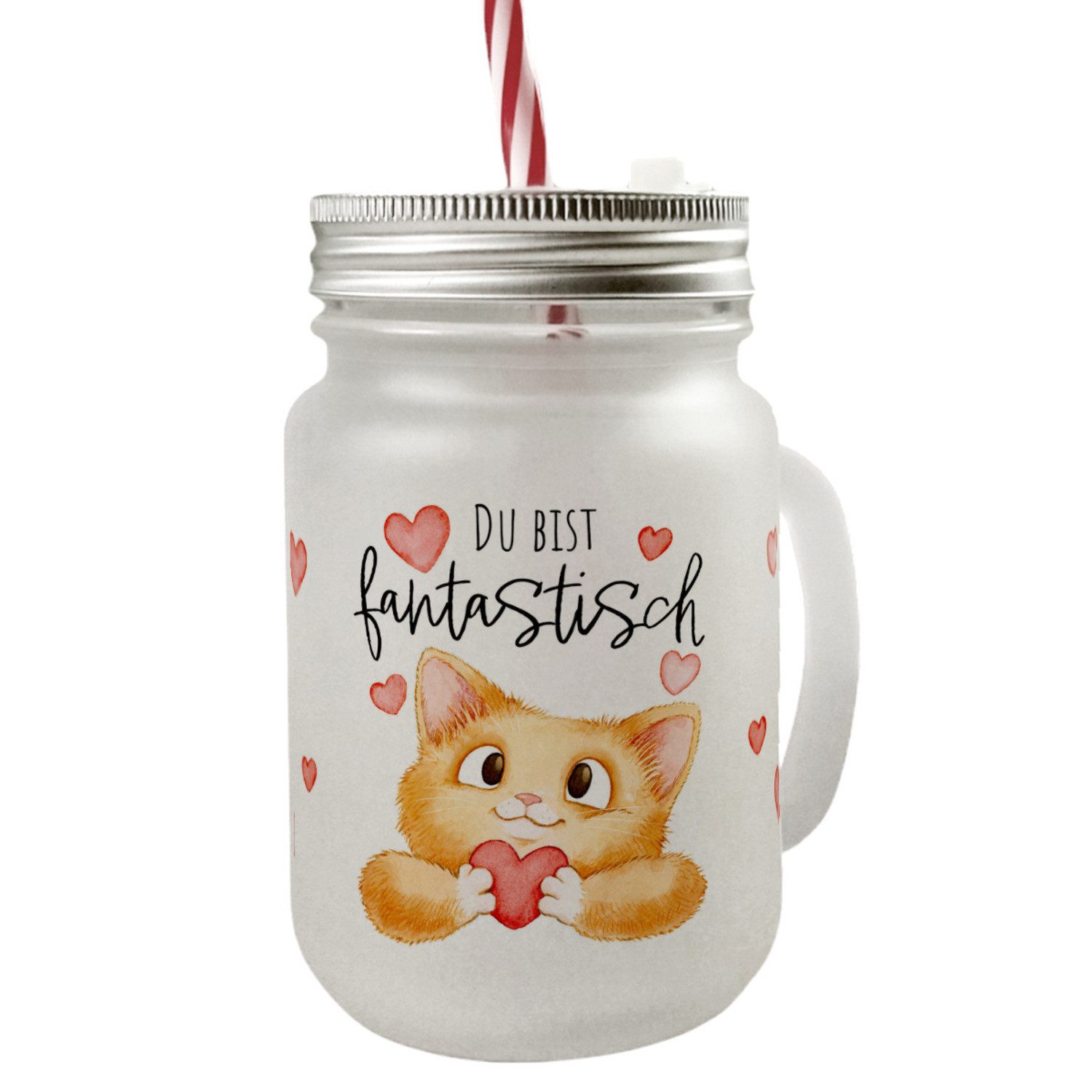 Glas Orange Katze Mason Jar Henkel Trinkglas mit Deckel Spruch Du bist