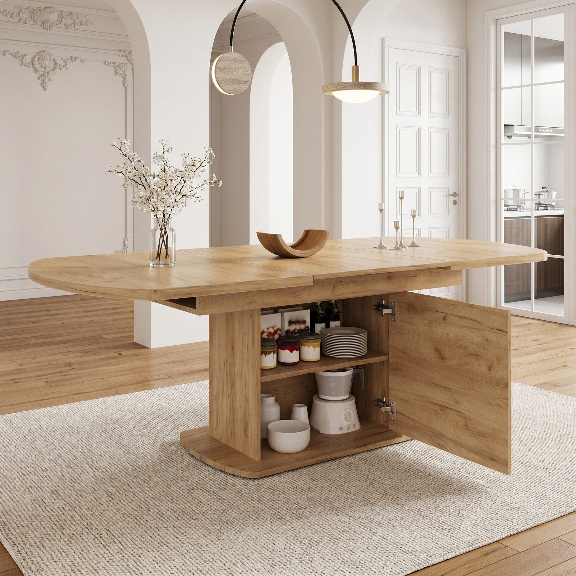 Flieks Esstisch ausziehbarer Küchentisch ovaler Tisch mit Stauraum (verstellbare Länge 140-200/T80/H75 cm, 1-St., 1 Tisch), erweiterbarer Esszimmertisch mit Fächern Schreibtisch Holzoptik Natur