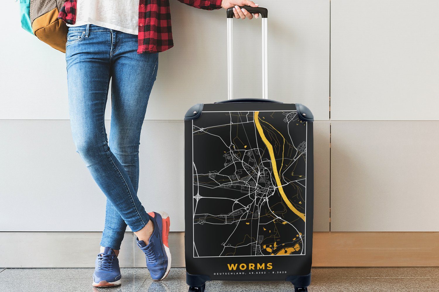 Schwarz Reisetasche für Ferien, Karte, Stadtplan Worms 4 - mit rollen, - Trolley, Handgepäckkoffer - Gold MuchoWow Reisekoffer Rollen, Handgepäck - und Deutschland