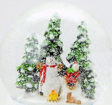 MINIUM-Collection Schneekugel Schneemann steht vor Lagerfeuer Sockel kubisch weiß 100mm