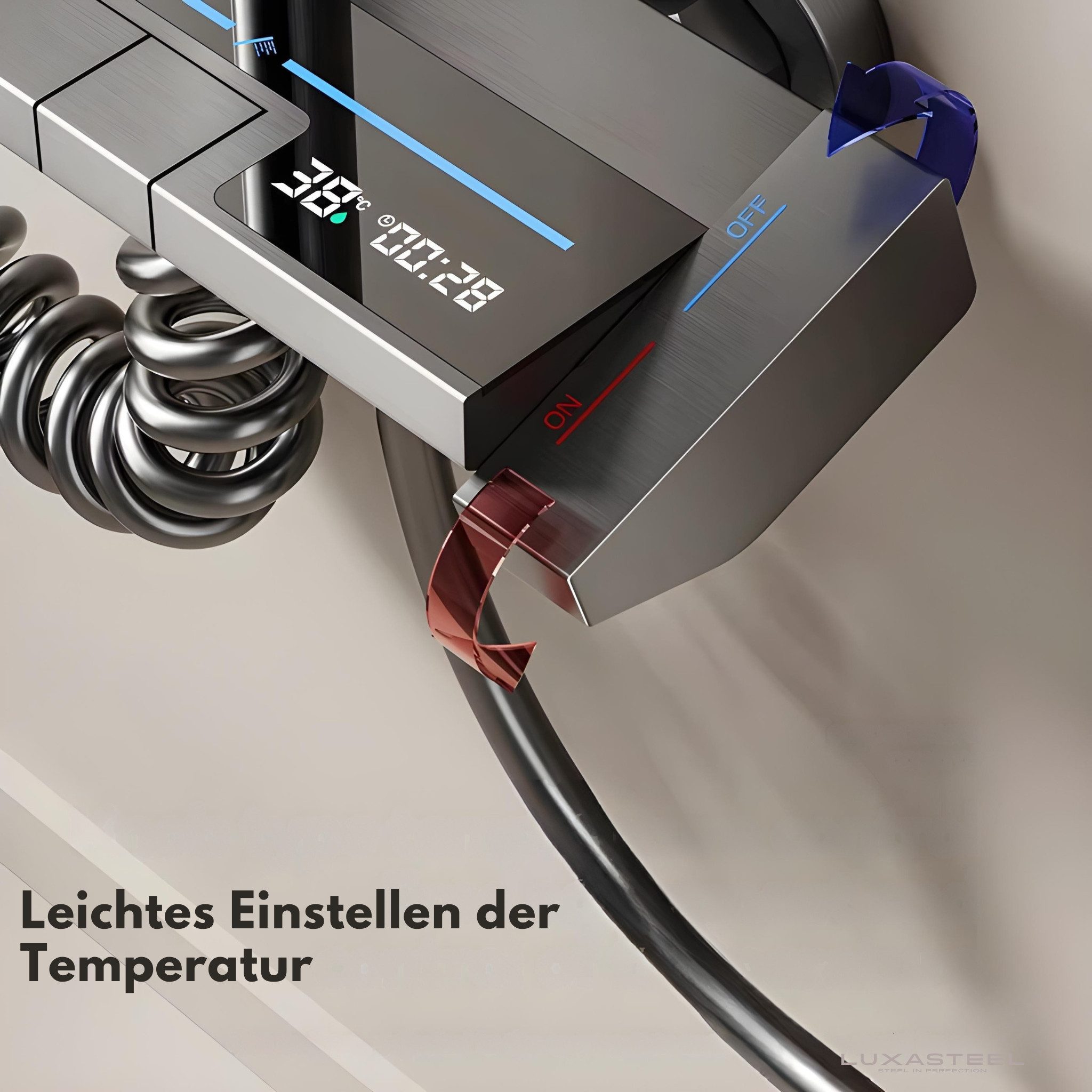 LuxaSteel Duscharmatur Thermostat Duscharmatur Komplettset mit Regendusche, Duschsystem (Komplettset, Armatur mit Thermostat) Duscharmatur mit LED-Beleuchtung & Display, 2 Handbrausen