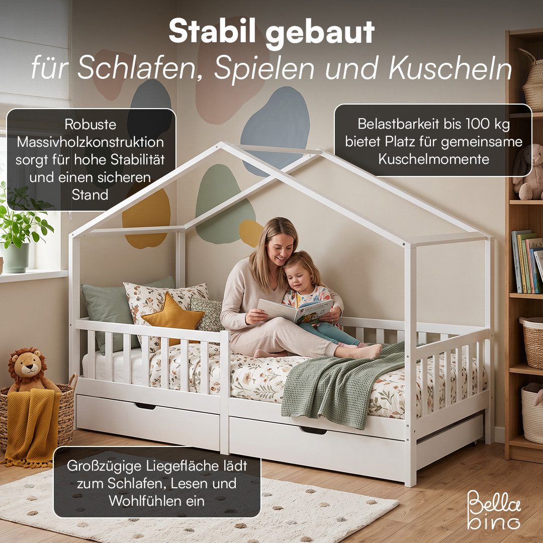 Bellabino Kinderbett Bia mit Rausfallschutz & Lattenrost (weiß, mit zwei Schubladen), Kinderbett aus Kiefernholz, verfügbar in 80x160/90/120/140x200 cm – Bild 3 von 5