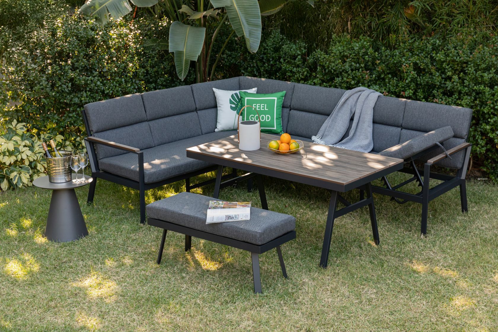 Gardissimo Gartenlounge-Set Nara Oak links / Gartenmöbelset / Nonwood Dining Eck Lounge Set, (Set, 3-tlg., Alu, Ecklounge, Esstisch, Bank, inkl. Auflagen), Dining Höhe, Liegefunktion, wetterfest