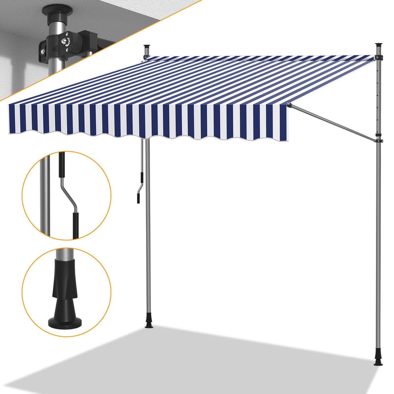 Klemmmarkise Klemmmarkise Balkonmarkise 250cm mit Handkurbel ohne Bohren Blau Weiß