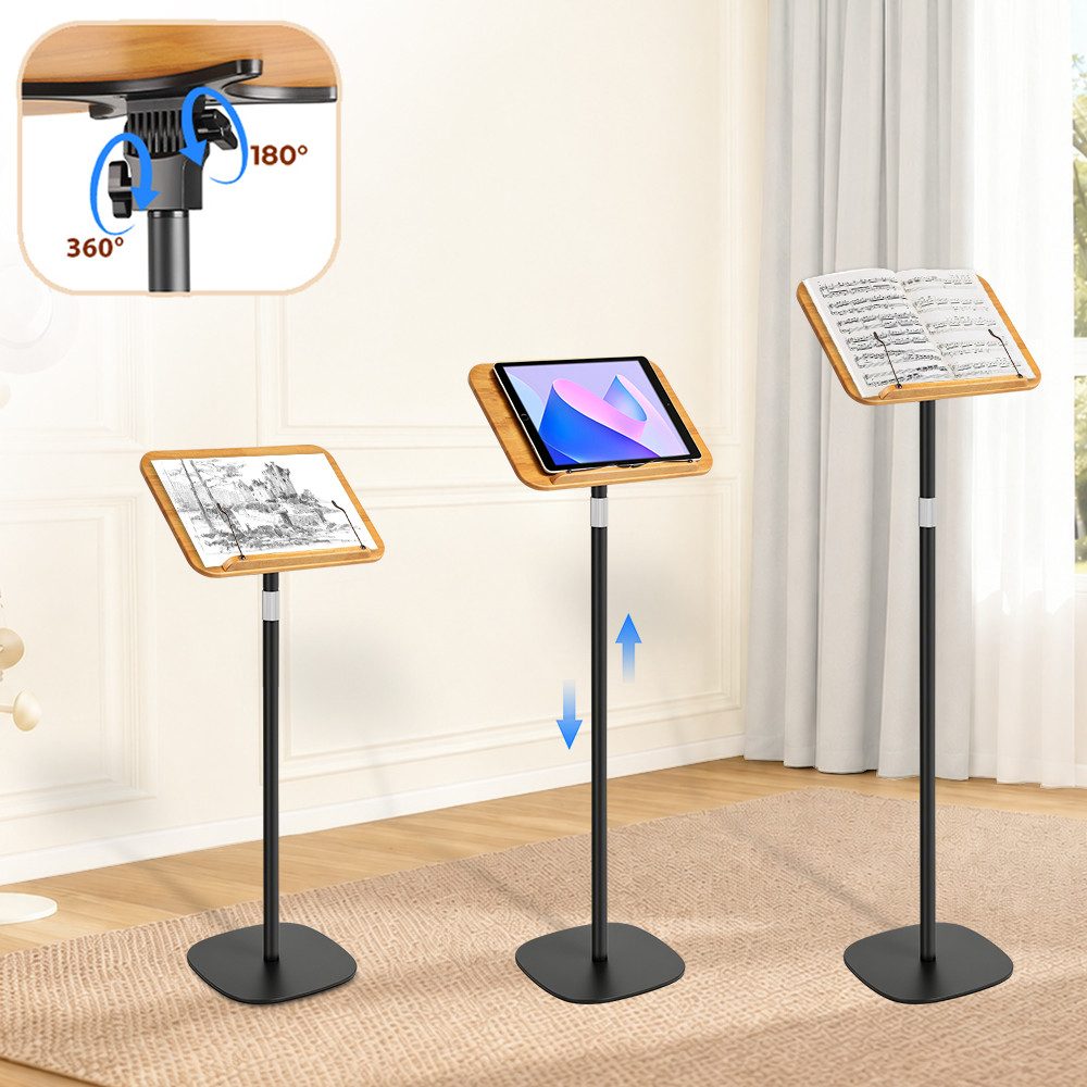 PRIISF Buchstütze 3in1 Buchständer Höhenverstellbar Buchhalter 50-130cm für Boden Tisch (mit XXL-Platte 180°-Neigung Holz Leseständer mit Papierclips, Beweglicher Computertisch Mobile Notenständer Tisch Projector Stand), Tragbarer Podiumständer Rednerpult