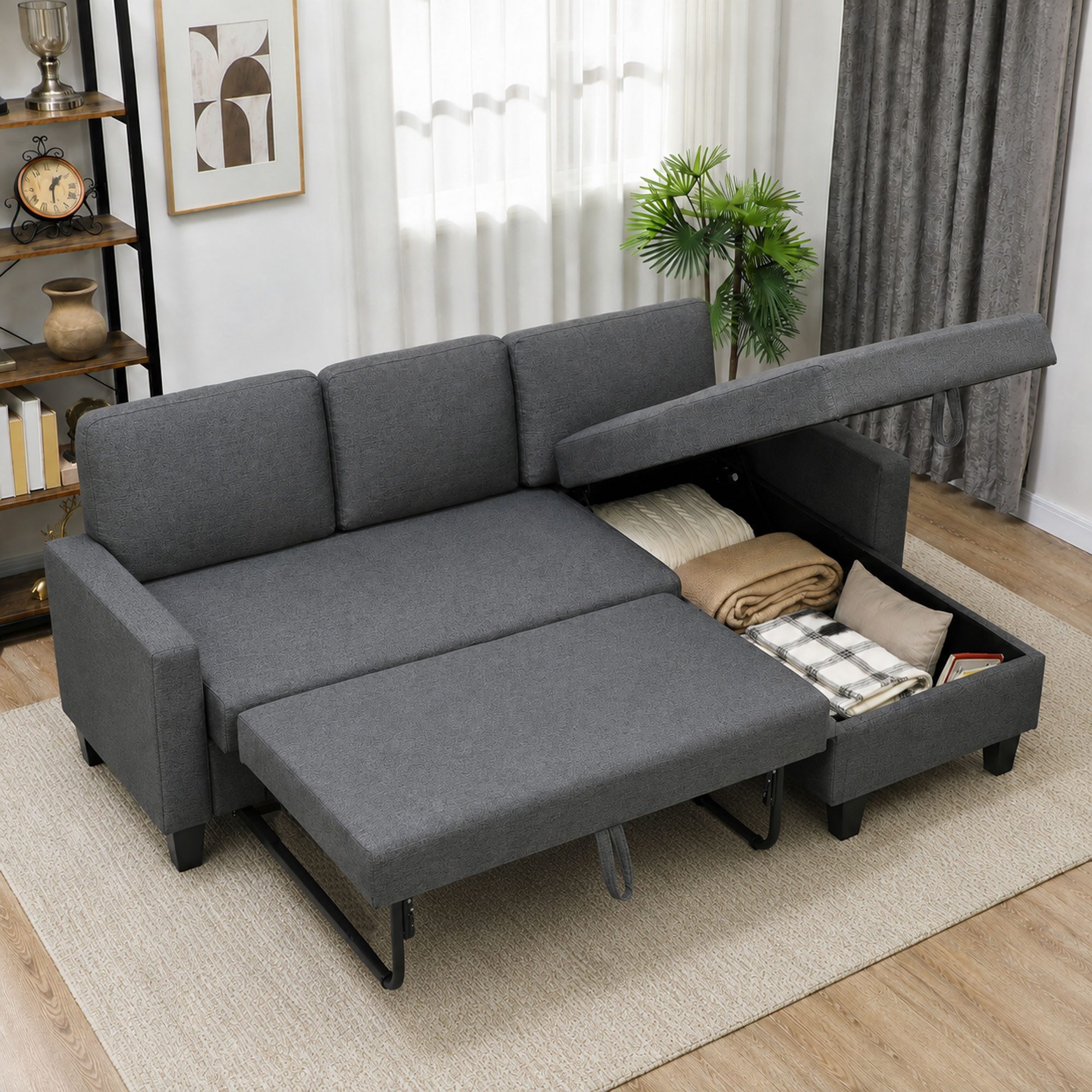 HOMCOM Ecksofa L-Form 3-Sitzer Sofa Schlafsofa mit Bettkasten, Leinenoptik, mit Verwandelbarer Chaiselongue 1 Teile, für Wohnung, Wohnzimmer, Dunkelgrau